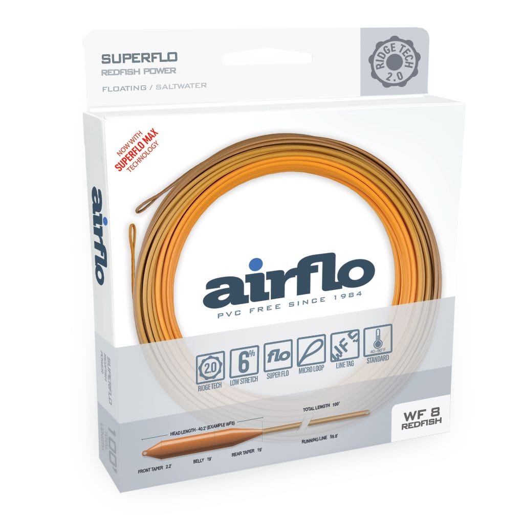 Airflo Superflo Redfish fly line - coiled orange-to-brown PVC-free tapered floating fly line in white retail packaging