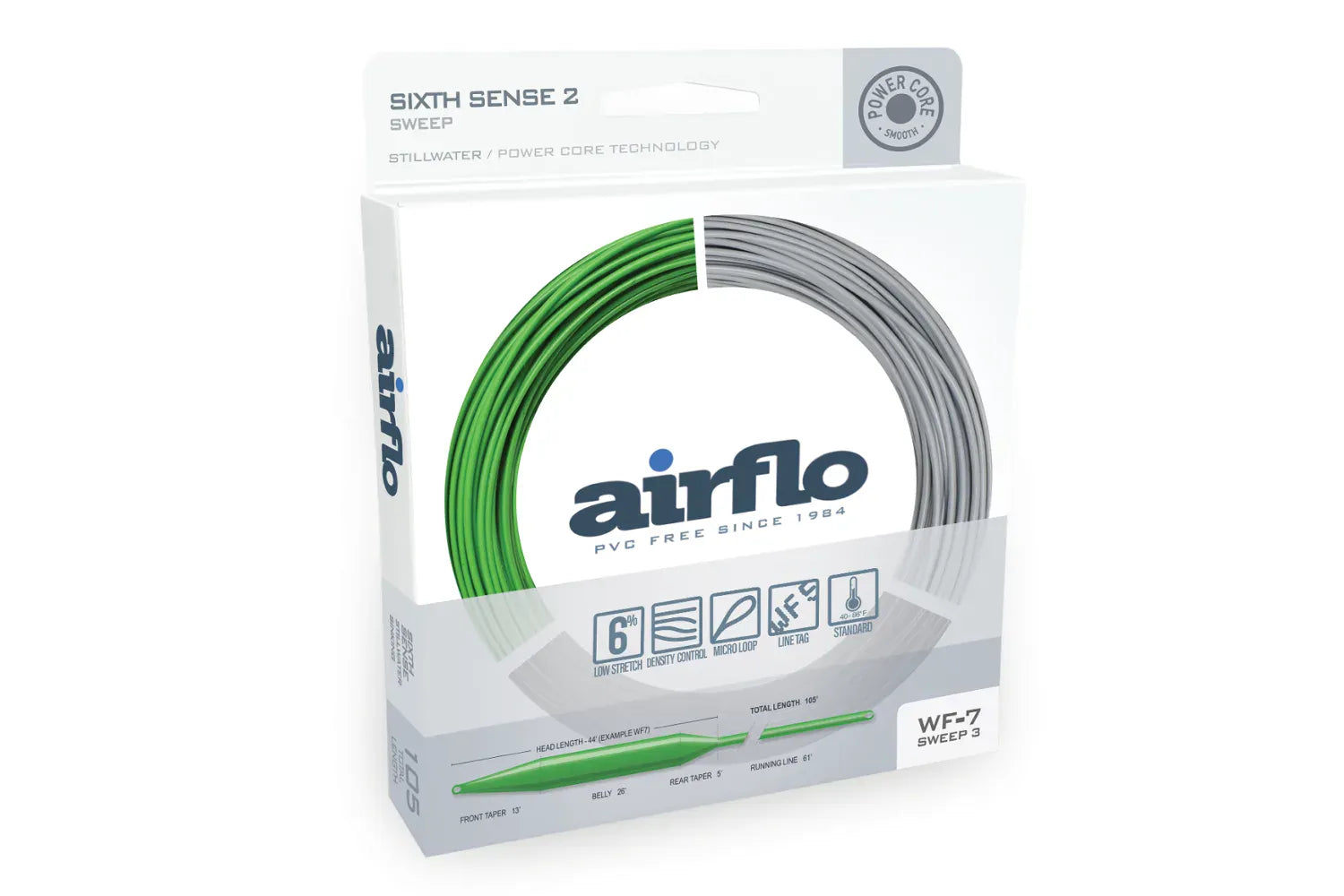 Airflo Sixth Sense 2 Sweep fly line packaging with green and gray PVC-free coated fly line coil on white box
