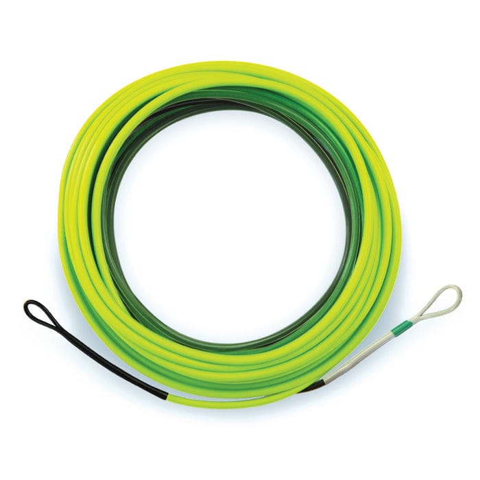 Airflo Skagit Comp F.I.S.T. coiled shooting head fly line in bright chartreuse and forest green with looped ends