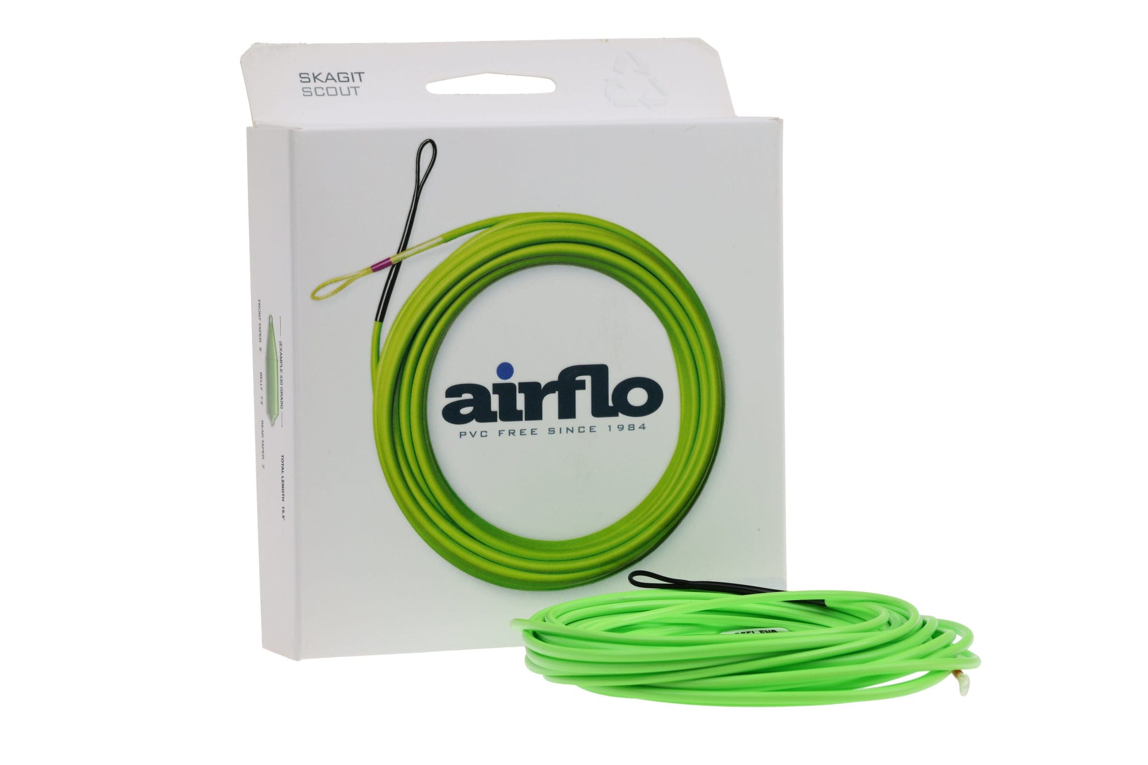 Neon lime green coiled Skagit fly line with black and yellow loops beside white Airflo branded box