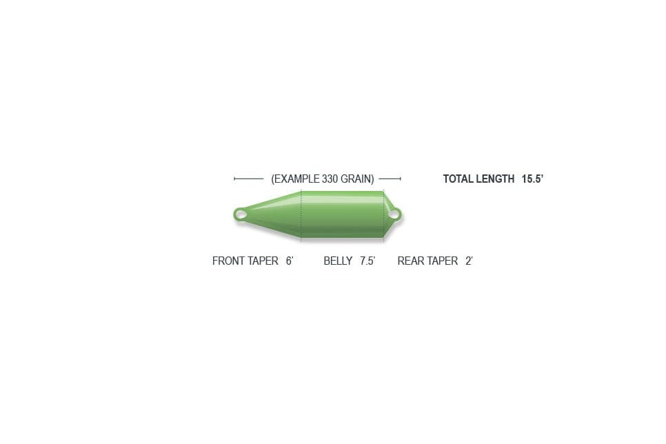 Airflo Skagit Scout fly line diagram: green tapered head with welded loops, 6' front taper, 7.5' belly, 2' rear taper, 15.5'