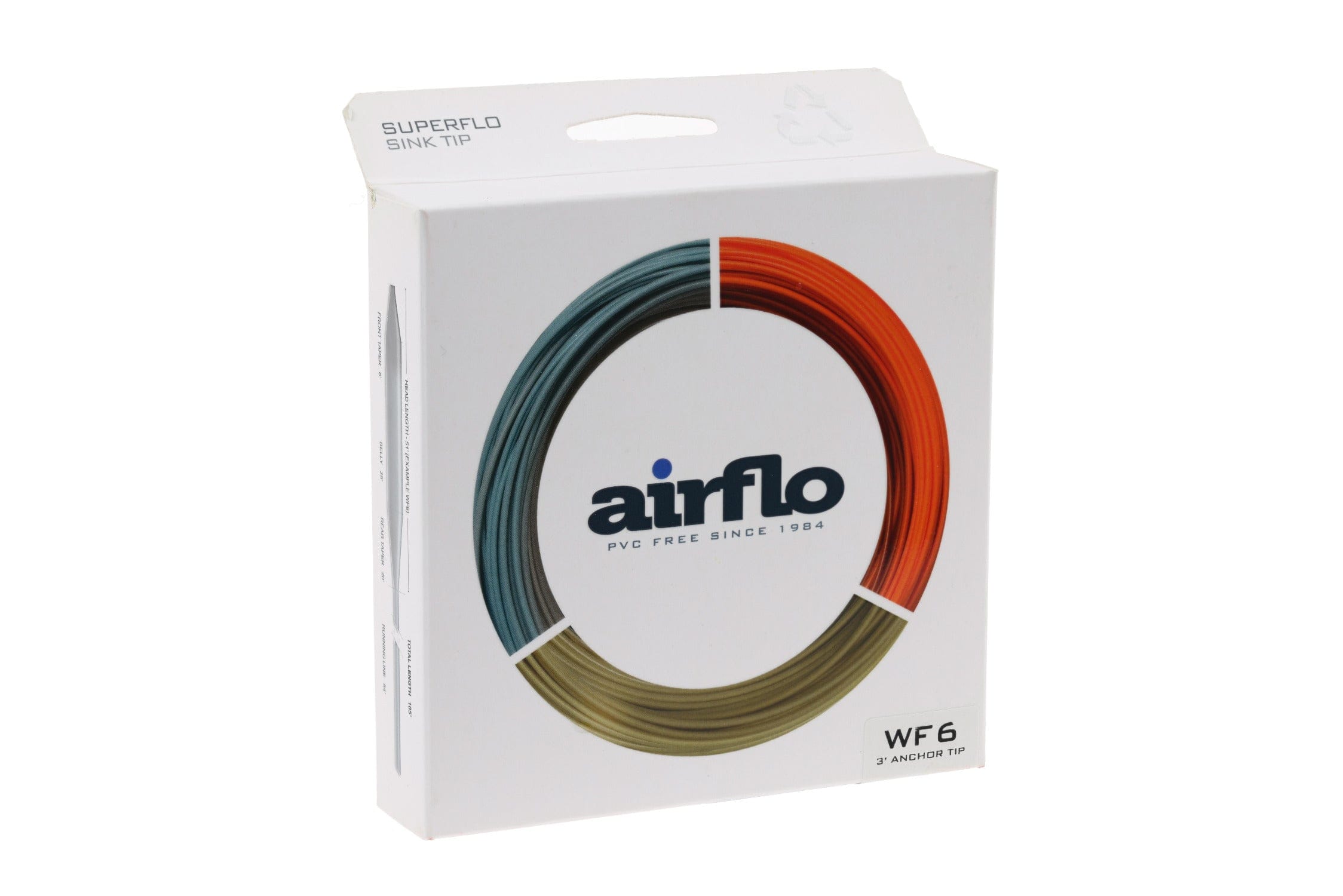 Airflo Superflo 3ft anchor tip white cardboard box with teal, orange and olive ring, Airflo logo and WF6 fly line label