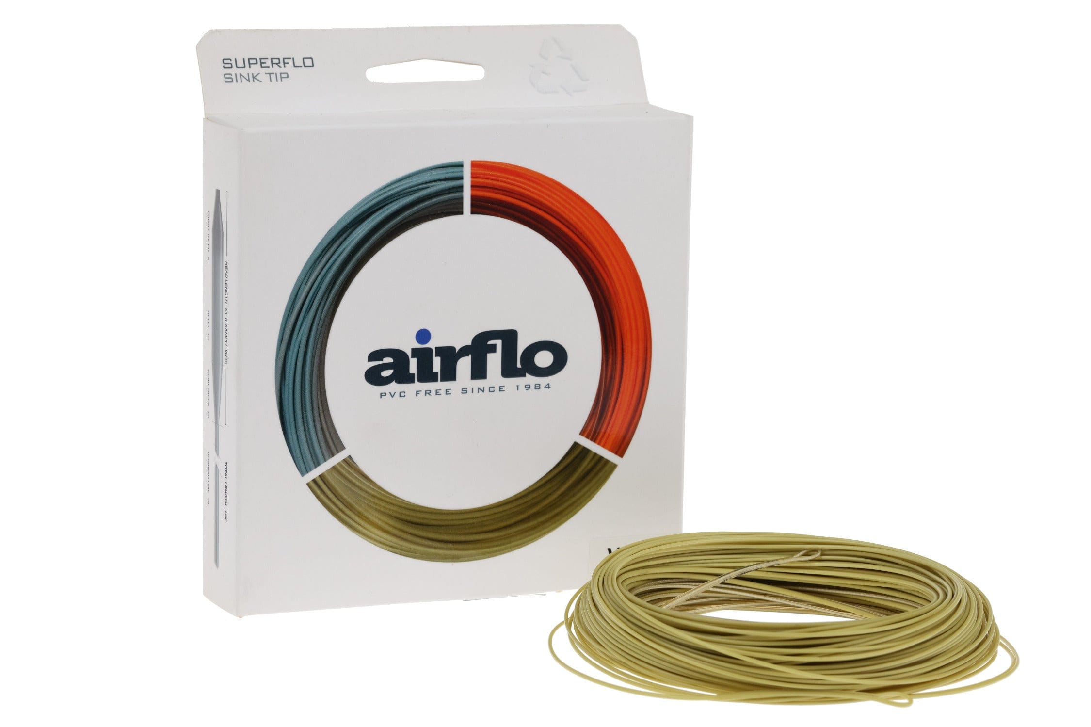 White Airflo Superflo box with circular color logo and coiled olive-green 3ft mini fly tip line