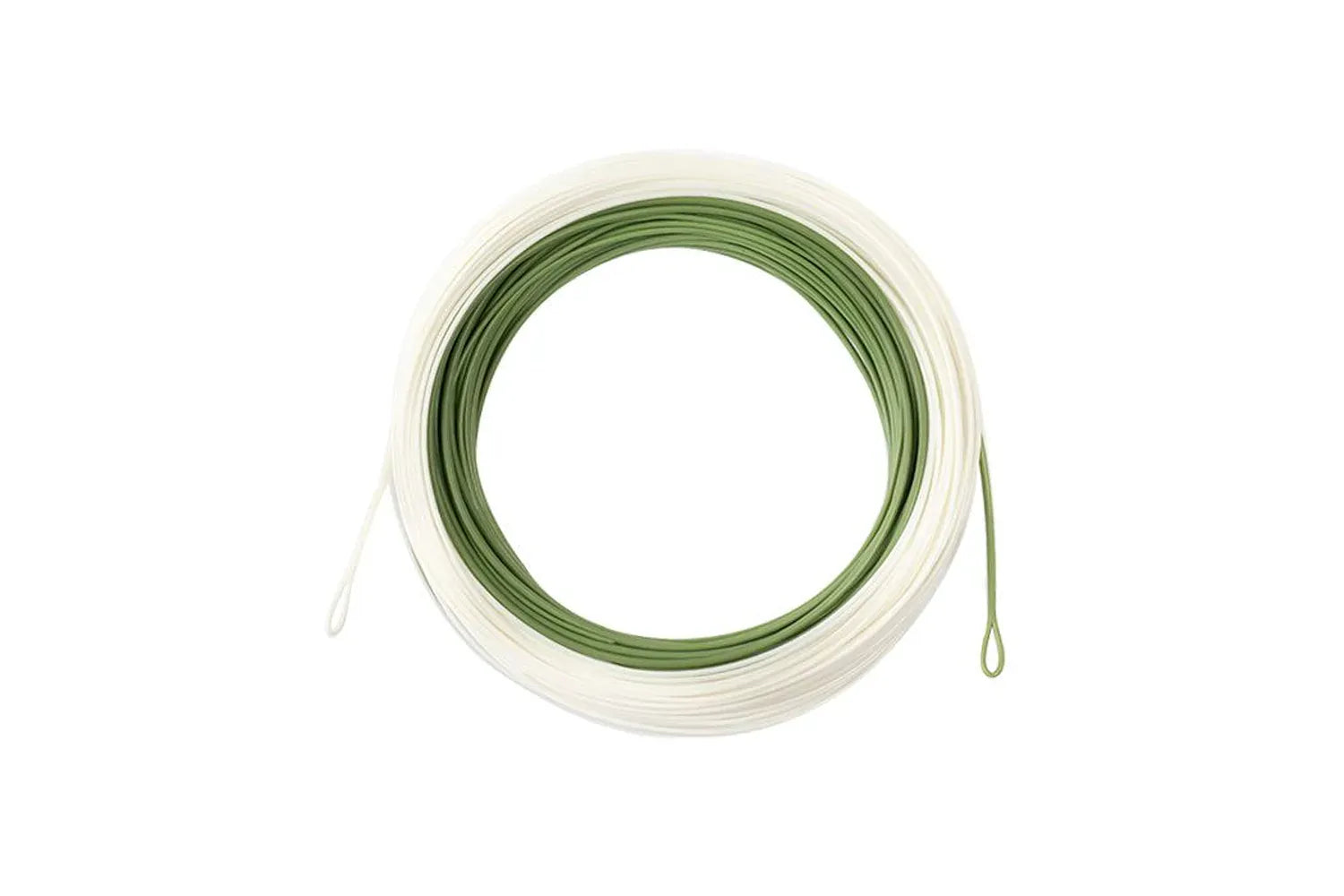 Airflo Superflo 40+ fly line coiled with white outer coating and olive green core, welded loop ends