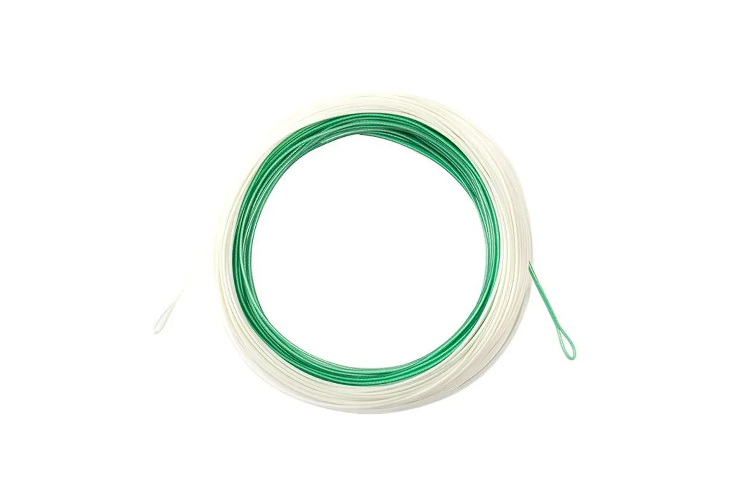 Airflo Superflo fly line coiled with green core and white outer coating, smooth synthetic line with looped ends