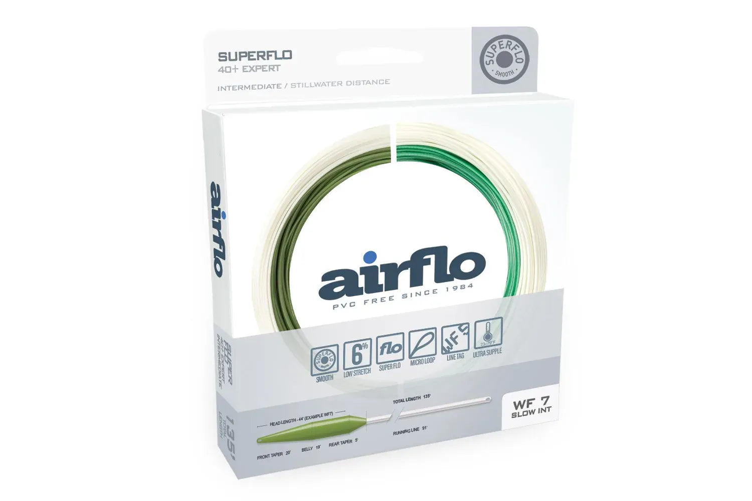 Airflo Superflo 40+ Expert WF7 fly line: white and green coiled PVC-free intermediate fly line in retail packaging