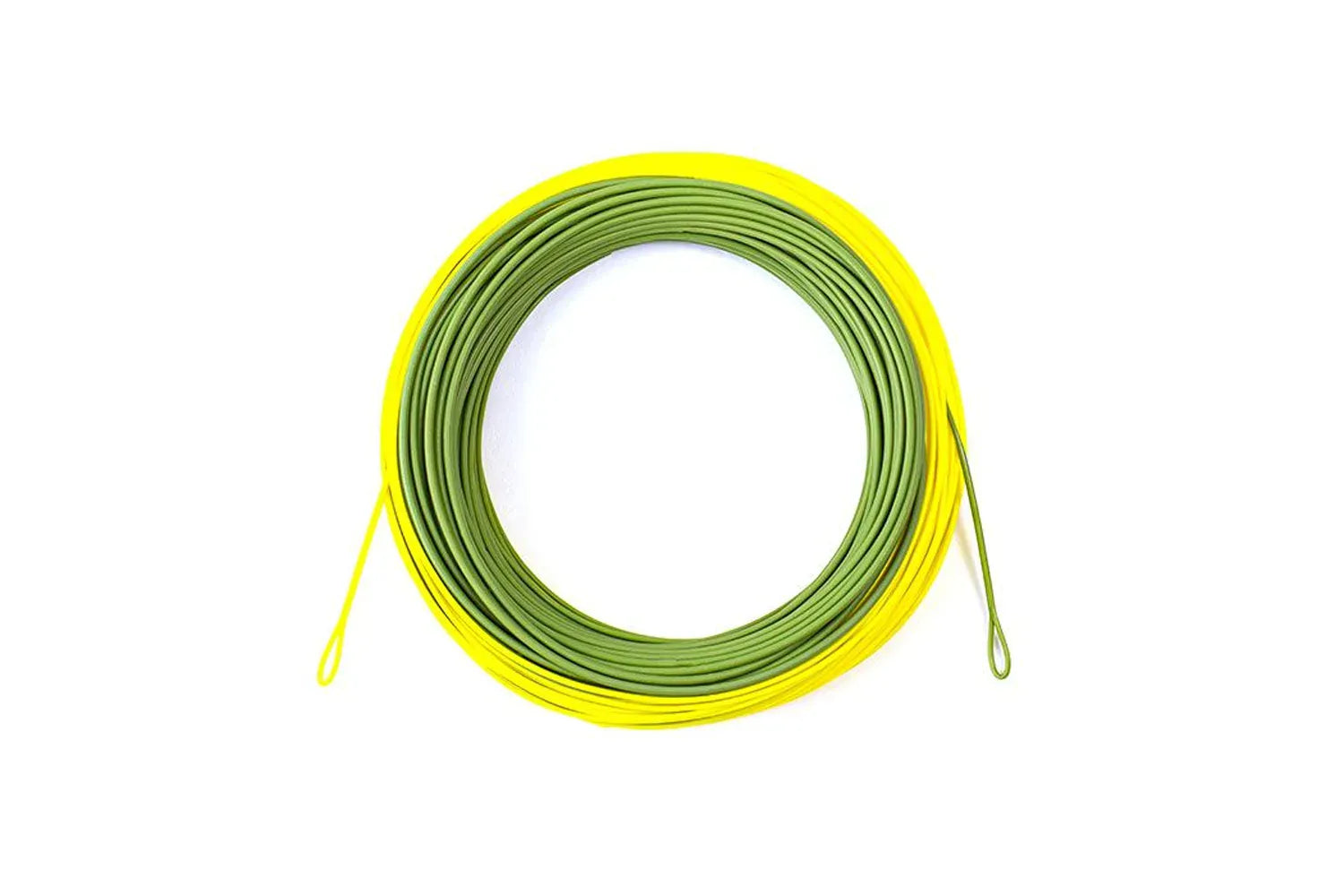 Coiled Airflo Superflo 40+ Extreme fly line in olive green core and fluorescent yellow outer running line with welded loops