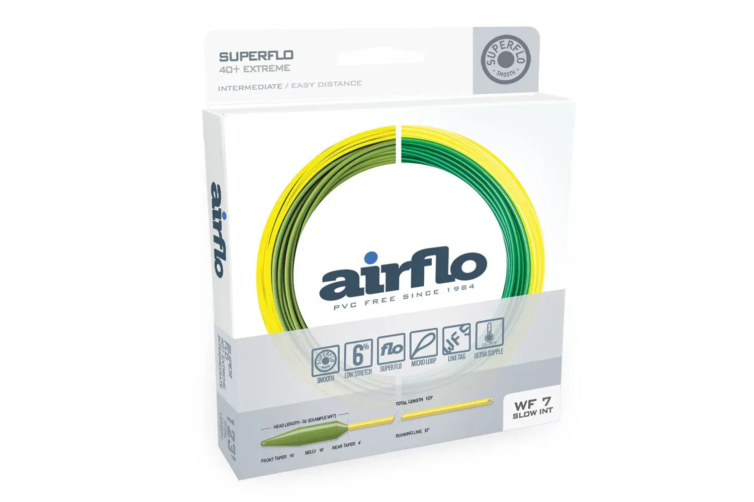 Airflo Superflo 40+ Extreme fly line coiled bright yellow and green PVC-free floating line in white retail box WF7