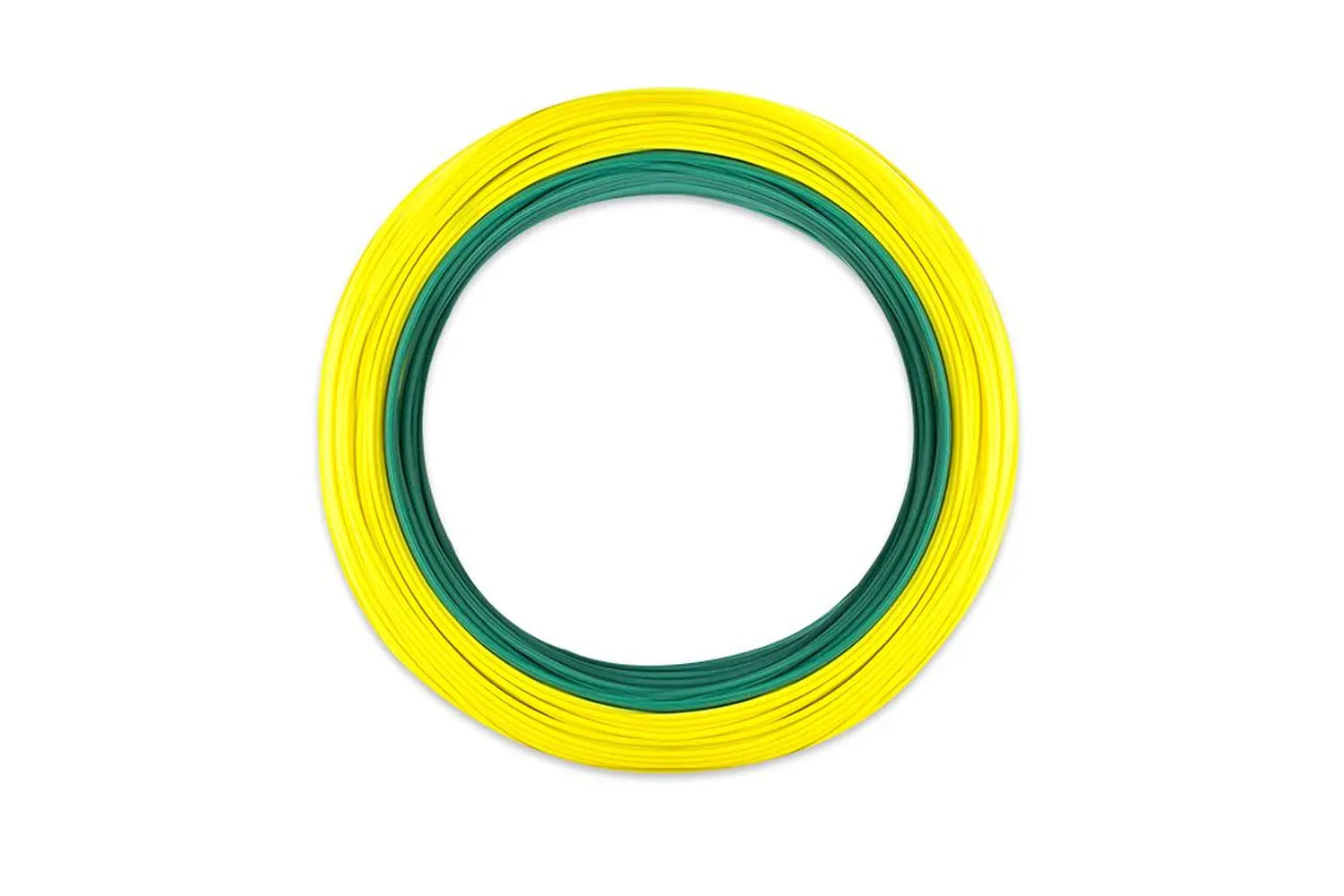 Airflo Superflo fly line coiled with bright yellow outer and green inner core, smooth PVC-coated material