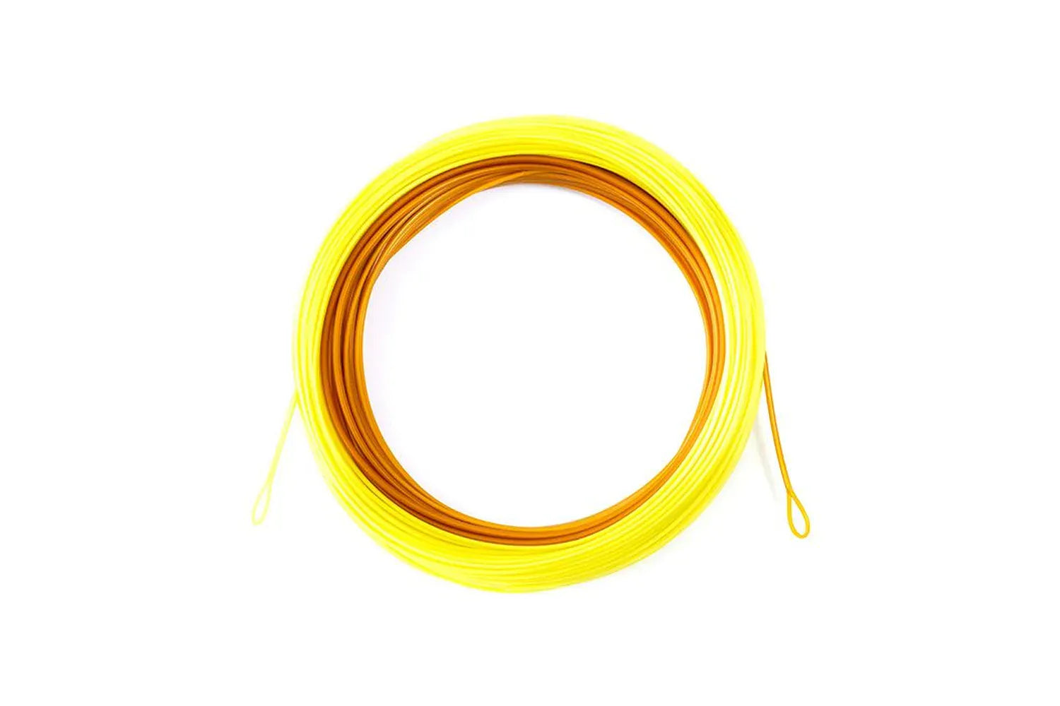 Coiled Airflo Superflo fly line in neon yellow with orange core and welded loops, slick synthetic casting line