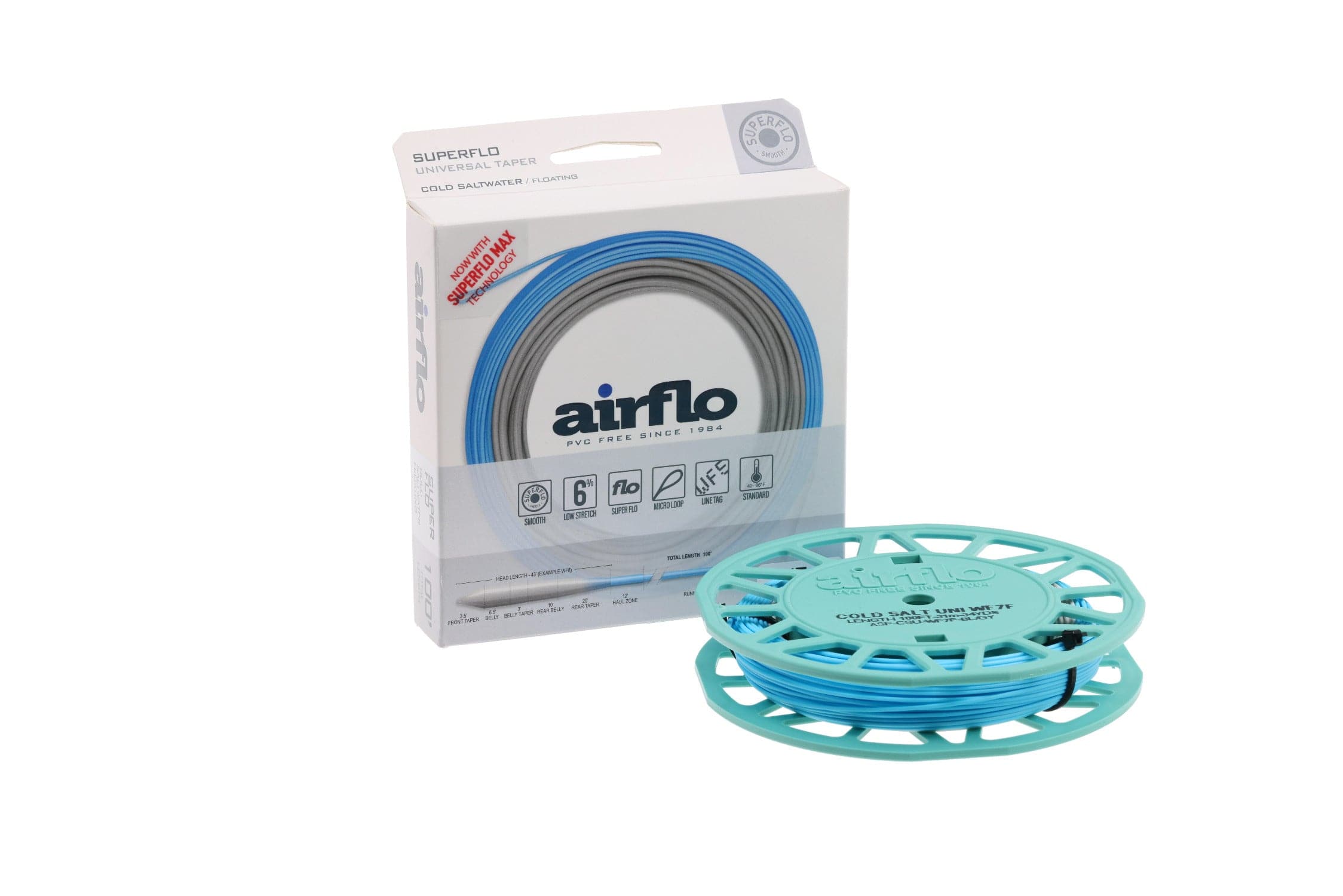 Airflo Superflo cold saltwater floating fly line on teal spool, light blue line coiled, white branded box with logo