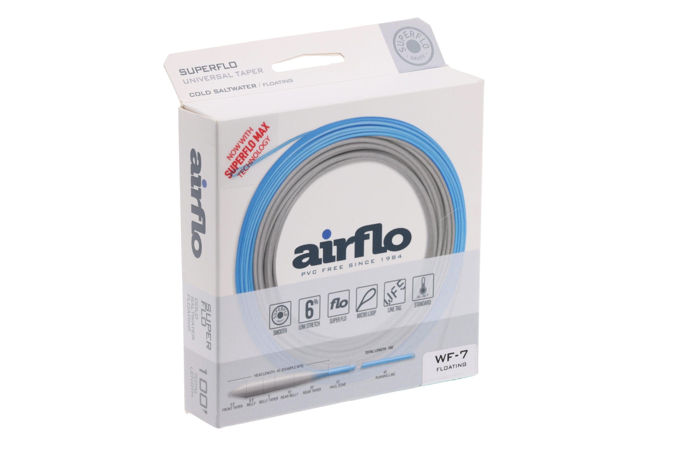 White Airflo Superflo box showing coiled blue and gray floating fly line, WF-7 cold saltwater universal taper packaging