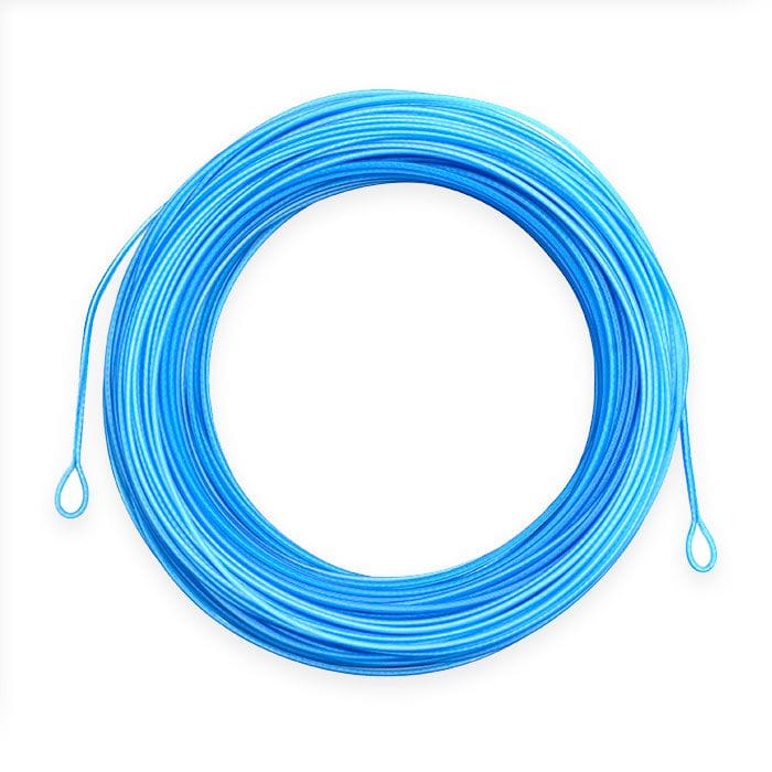 Airflo Superflo bright blue coiled saltwater fly line with welded loop ends, smooth synthetic coated castable line