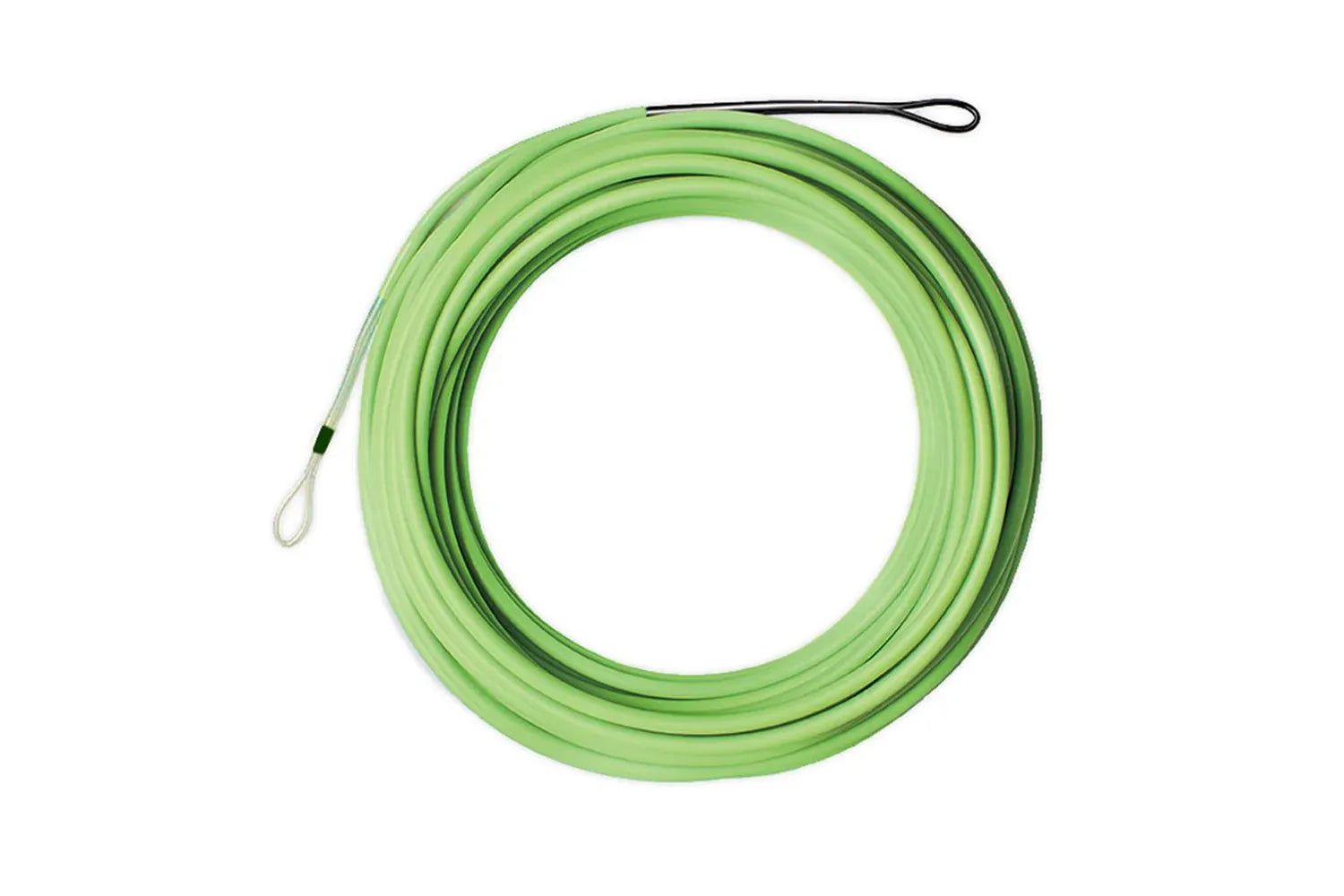 Airflo compact chartreuse floating fly line, coiled with welded loops and smooth casting profile
