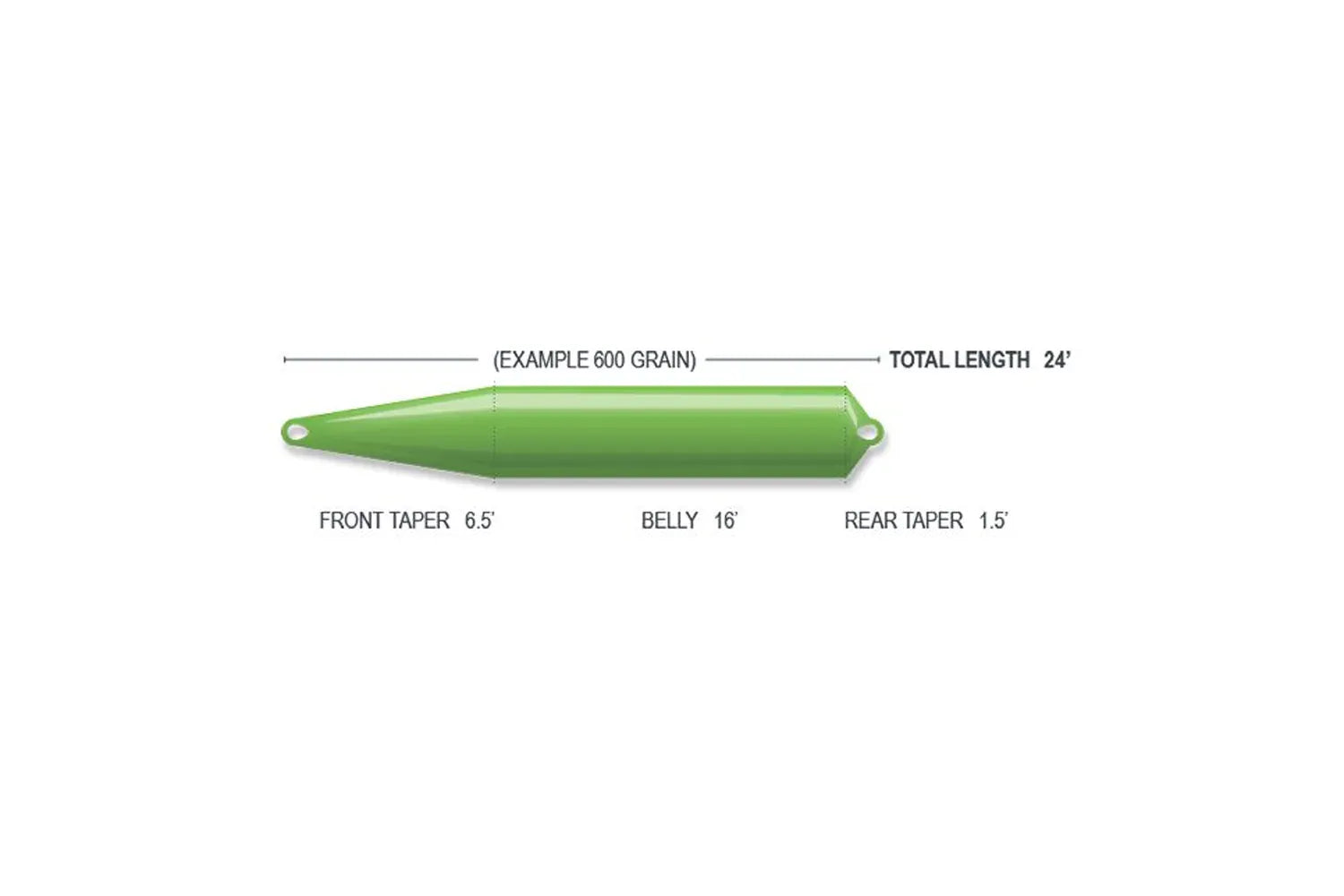 Green Airflo Superflo Max Skagit floating line showing tapered profile front 6.5', belly 16', rear 1.5' (24')