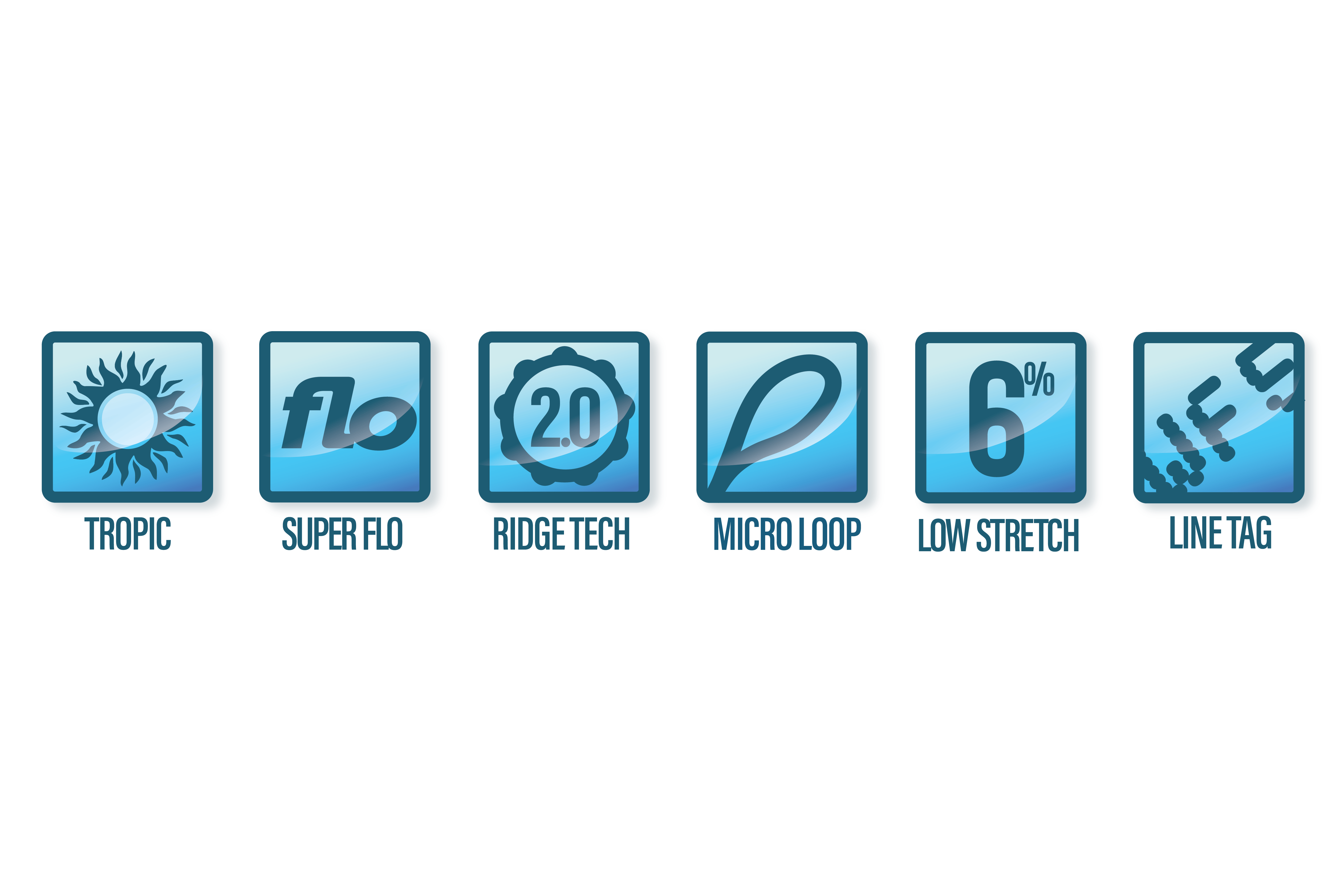 Airflo Superflo Ridge 2.0 fly line blue icon badges: Tropic sun, Super Flo logo, Ridge Tech 2.0, micro loop, 6% low-stretch