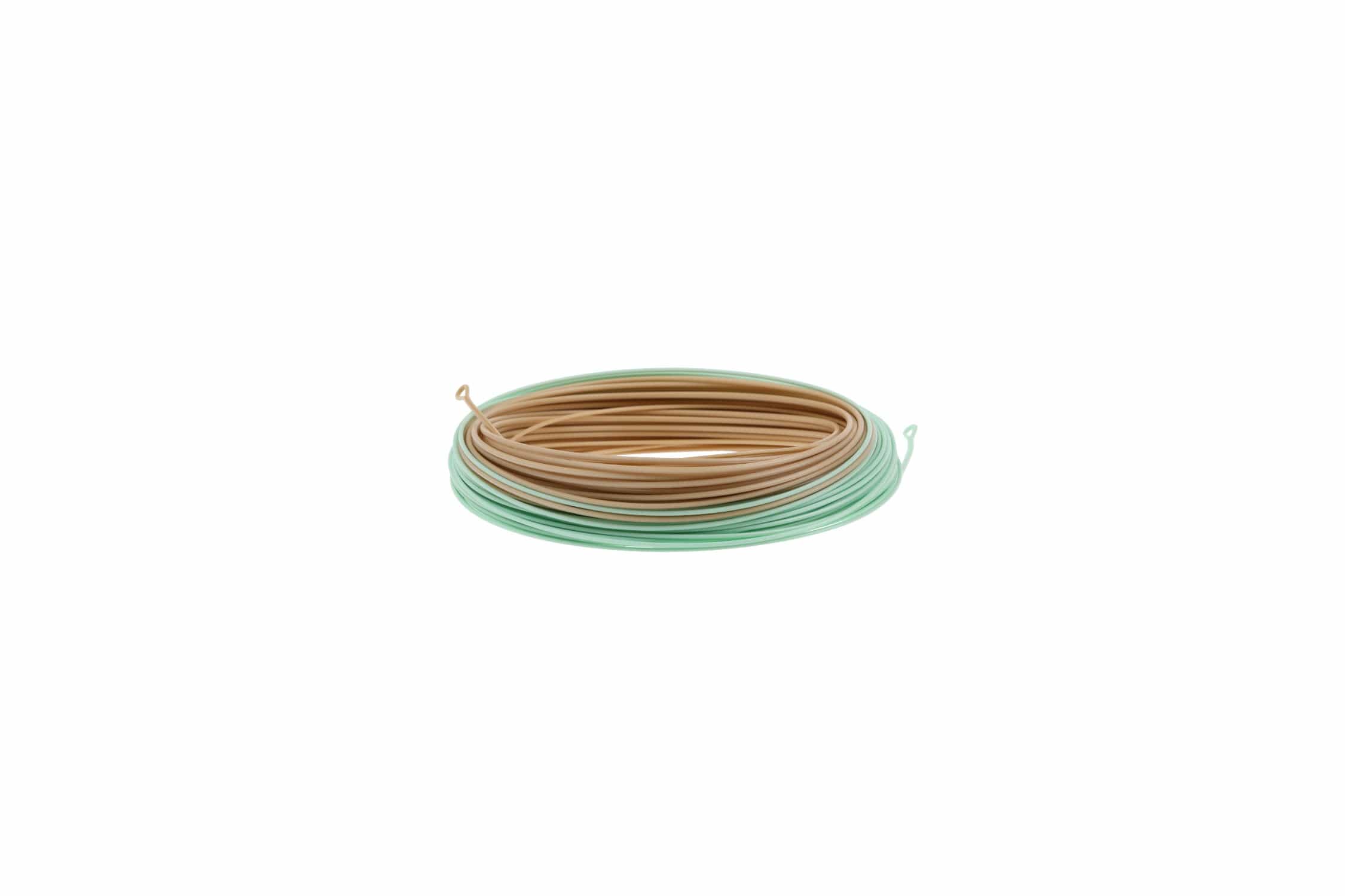 Coiled Airflo Superflo Ridge 2.0 fly line in tan and mint green, smooth PVC-coated flats tactical taper.