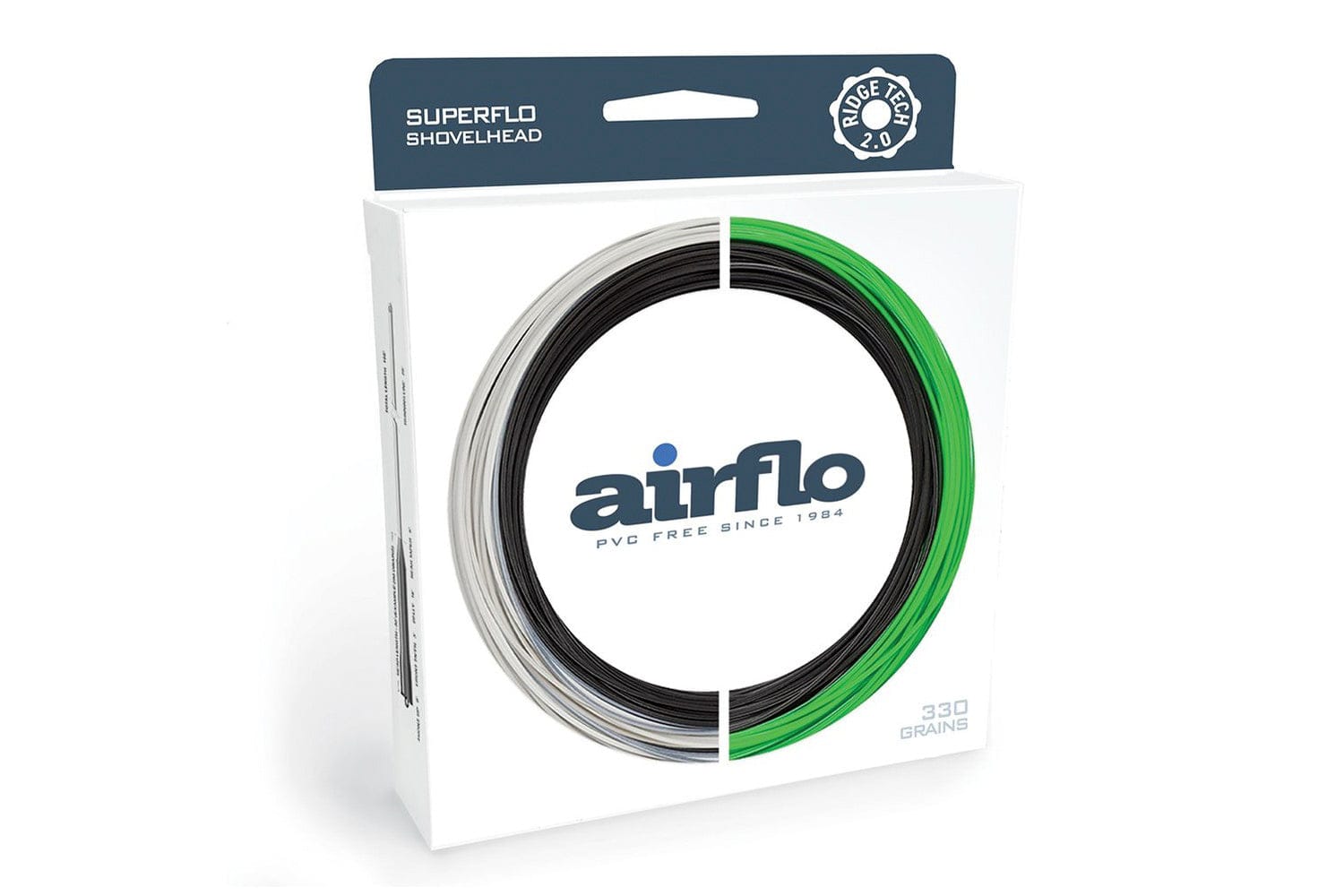 Airflo Superflo Ridge 2.0 shovelhead fly line in white box with coiled black, green and gray line and blue logo