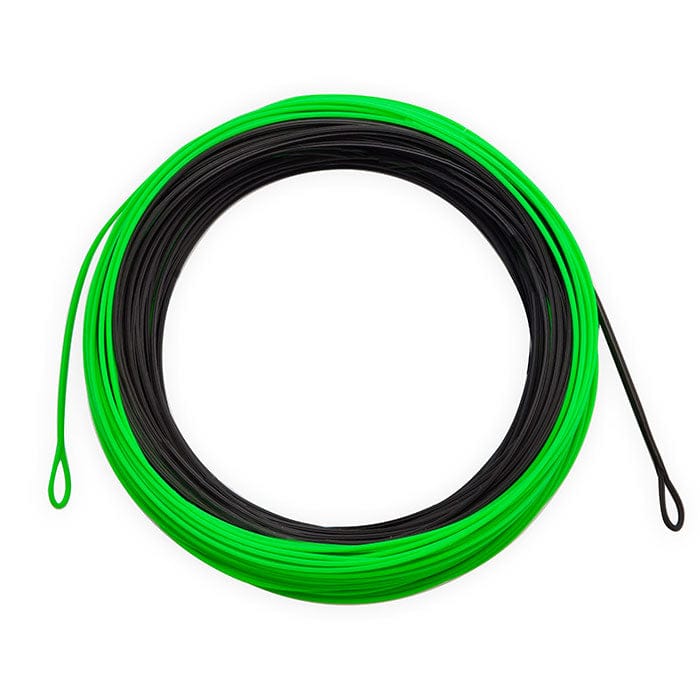 Airflo Superflo Ridge 2.0 shovel-head fly line, coiled black and neon green PVC line with welded loops at each end