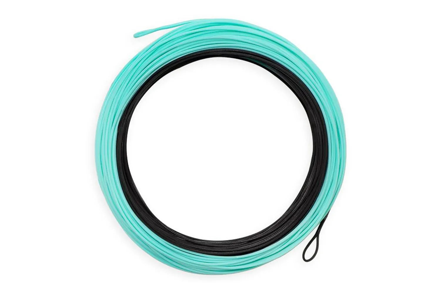 Airflo Superflo Ridge 2.0 streamer fly line coiled in turquoise and black, smooth coated PVC line with visible loop end