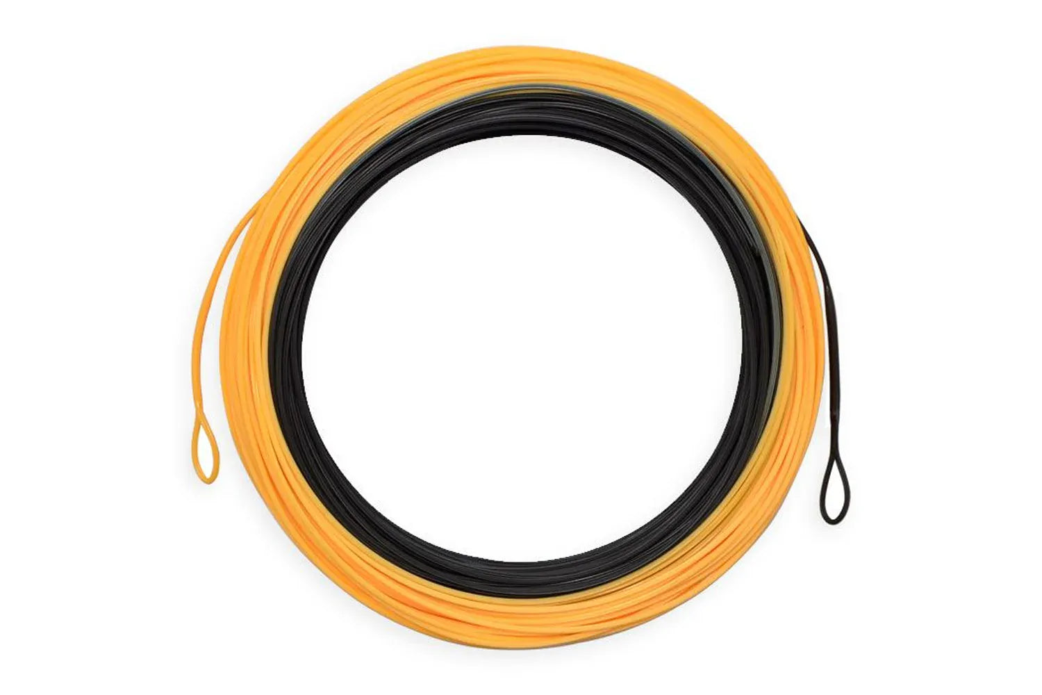 Airflo Superflo Ridge 2.0 streamer fly line coil in bright orange and black, coated synthetic line with looped ends