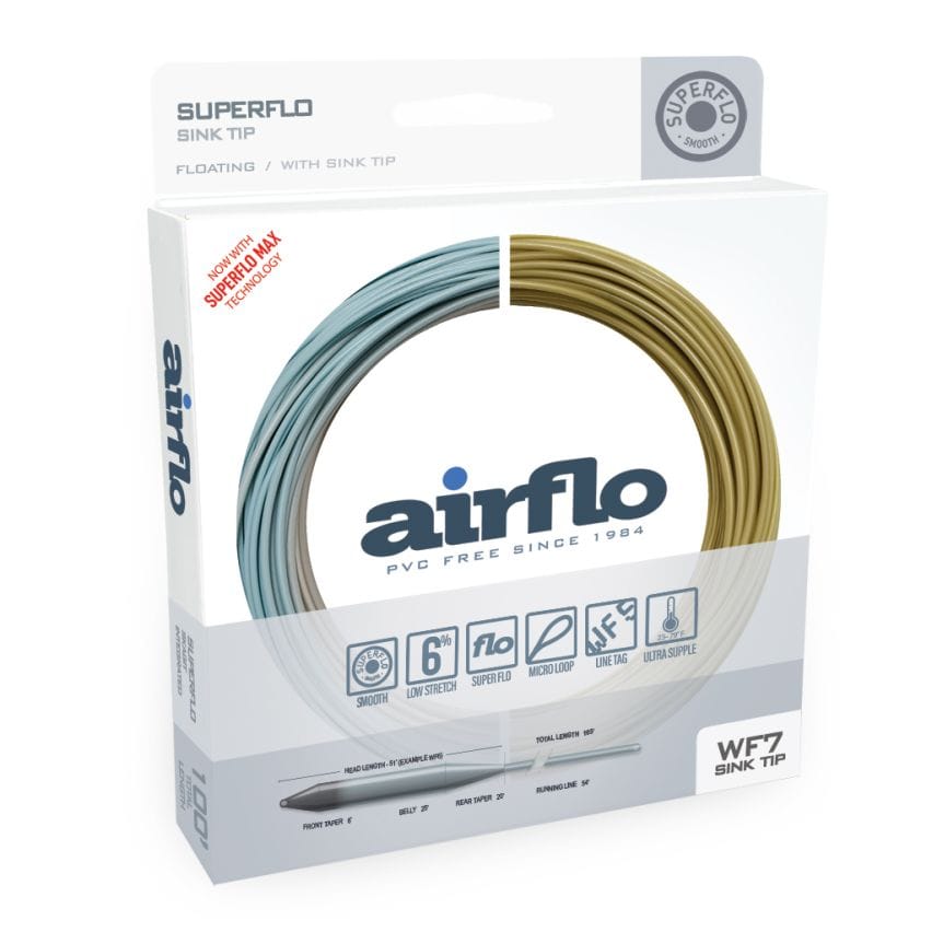 Airflo Superflo WF7 sink tip fly line coiled in blue and tan two-tone PVC-free plastic, packaged in white branded box