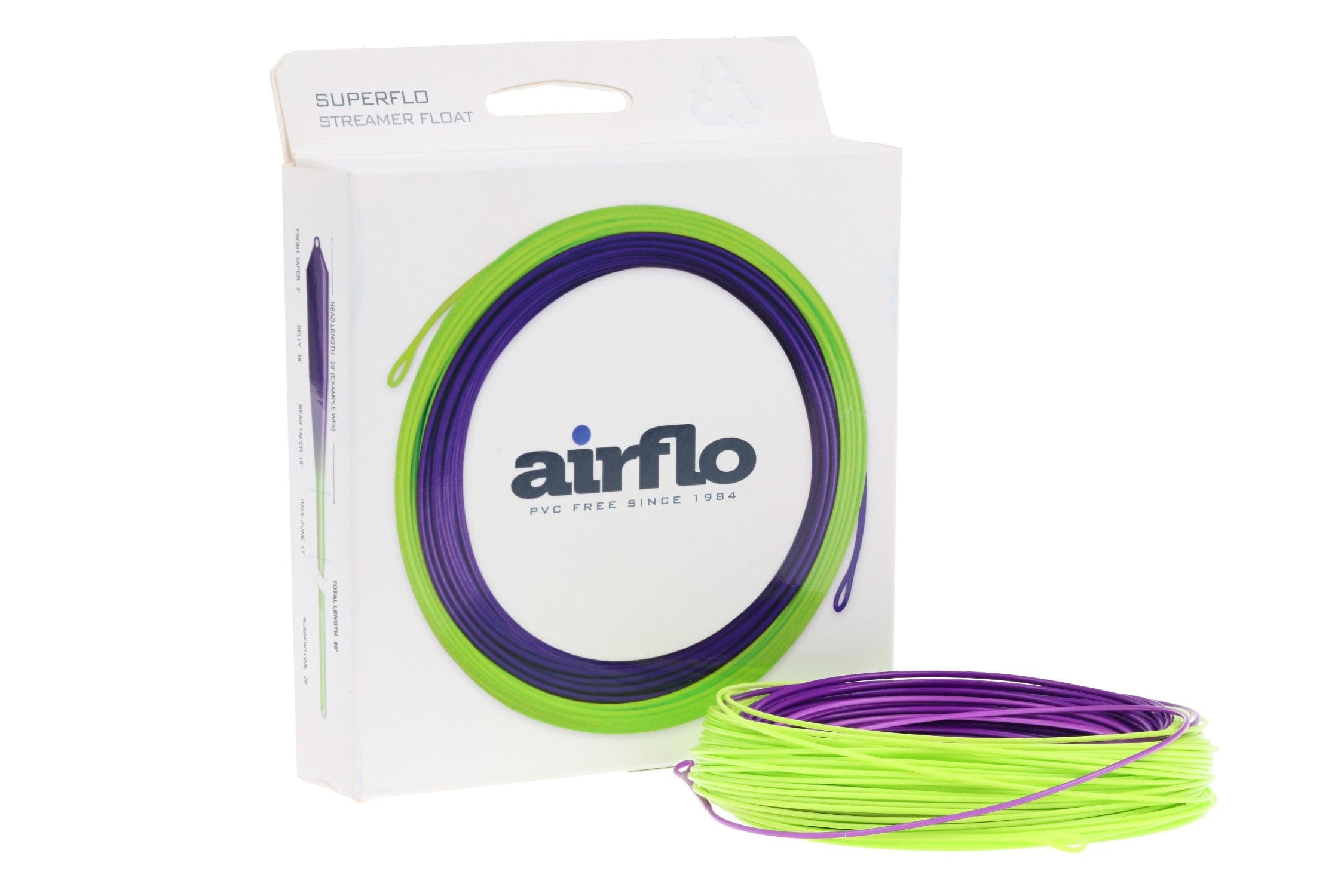 Airflo Superflo streamer float fly line coil in neon green and purple, PVC-free floating fly line for streamer fishing
