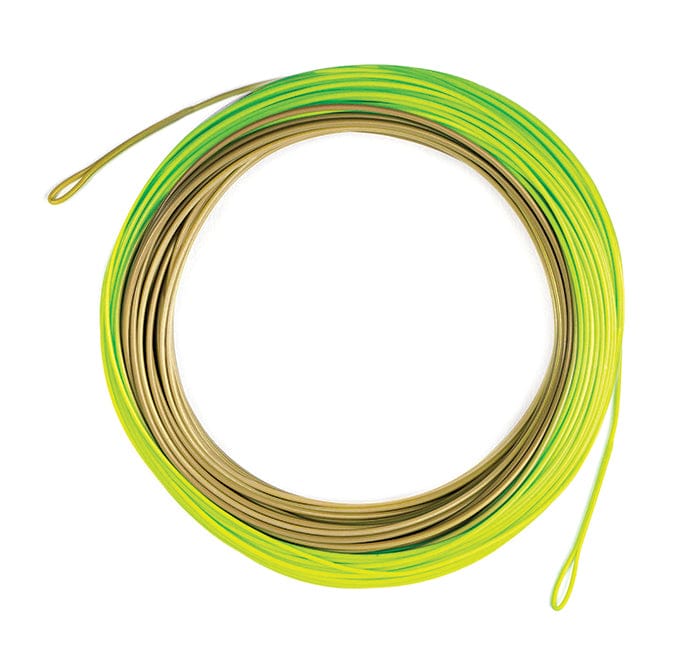 Airflo Superflo Universal Taper fly line coiled in neon chartreuse and tan with welded loops