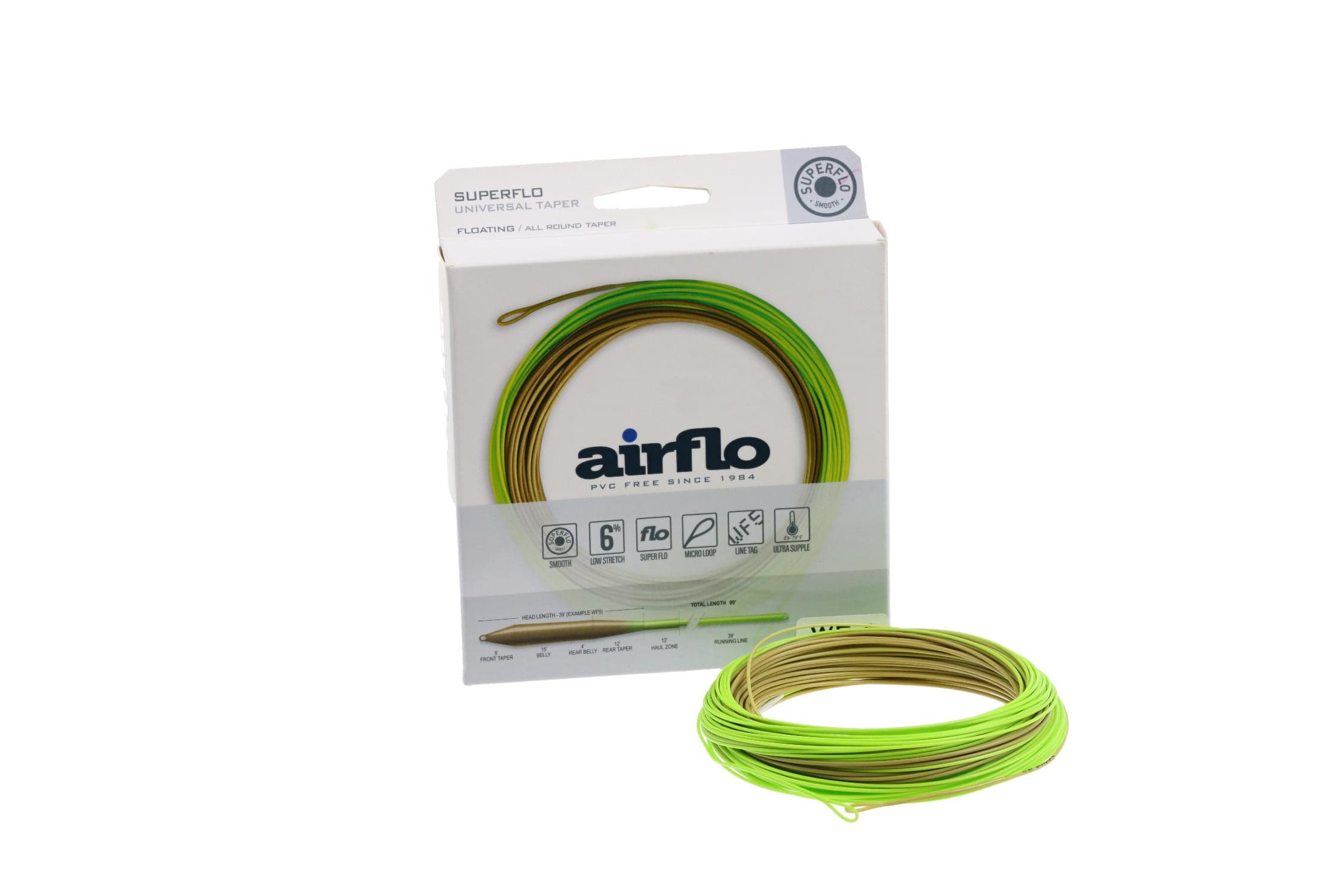Airflo Superflo fly line with white retail box and coiled two-tone neon green and olive tan PVC-coated floating line