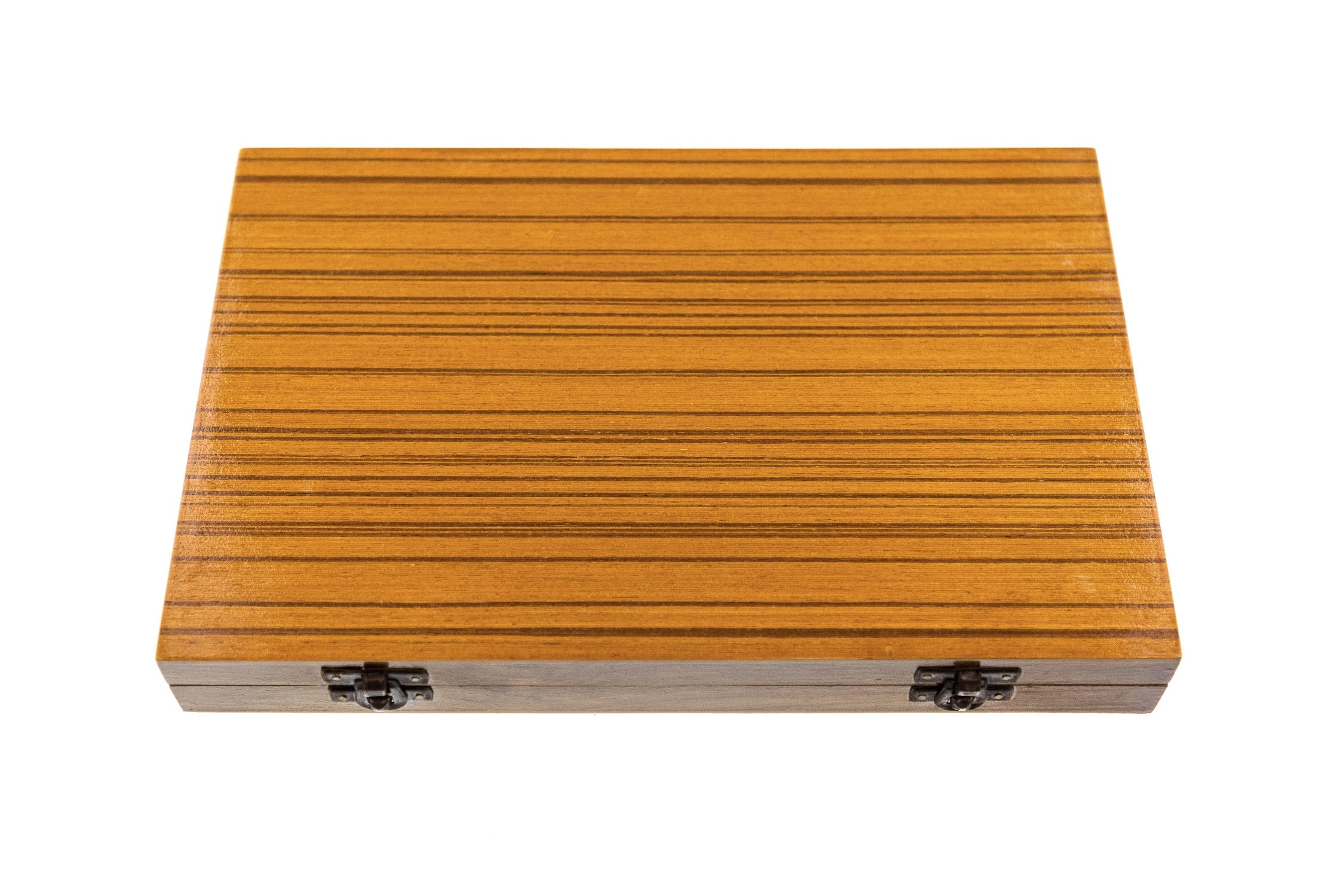 Angler Haus wooden fly tying kit case — varnished light-brown box with dark horizontal stripes and two metal latches