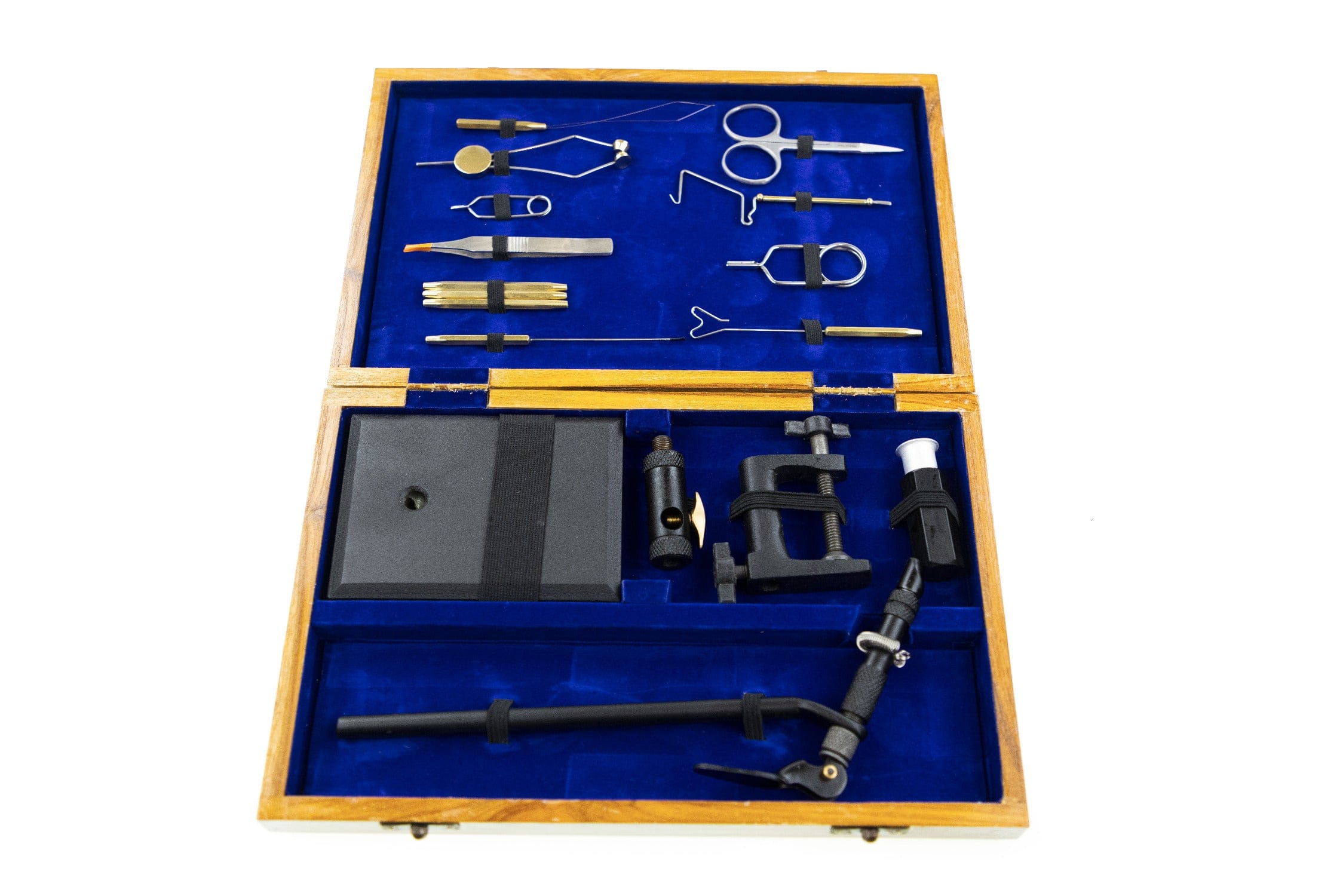 Angler Haus deluxe wooden fly tying kit in blue velvet-lined oak box with vise, scissors and tweezers