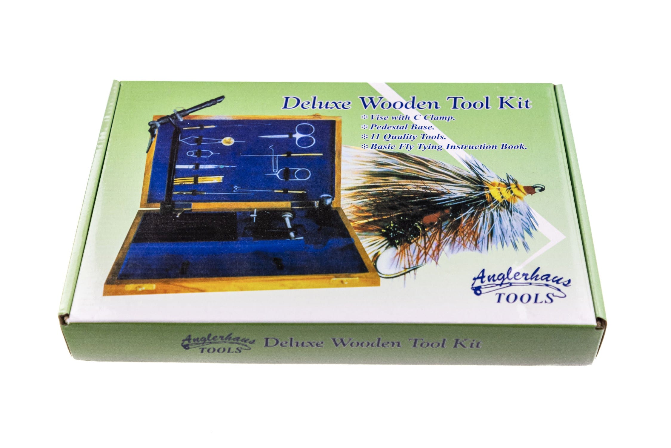 Angler Haus deluxe green box showing wooden fly tying kit with blue velvet interior, vise, tools and colorful feathered fly