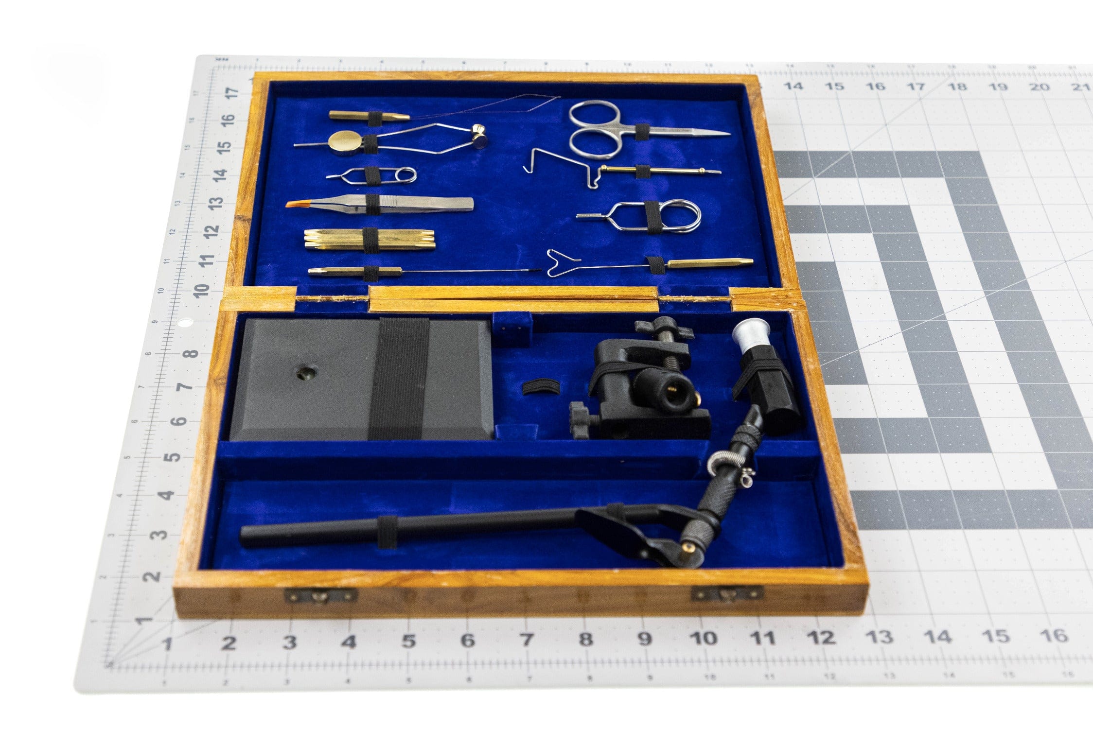 Angler Haus wooden fly tying kit: oak case with blue velvet interior, metal vise, scissors, brass/steel tying tools