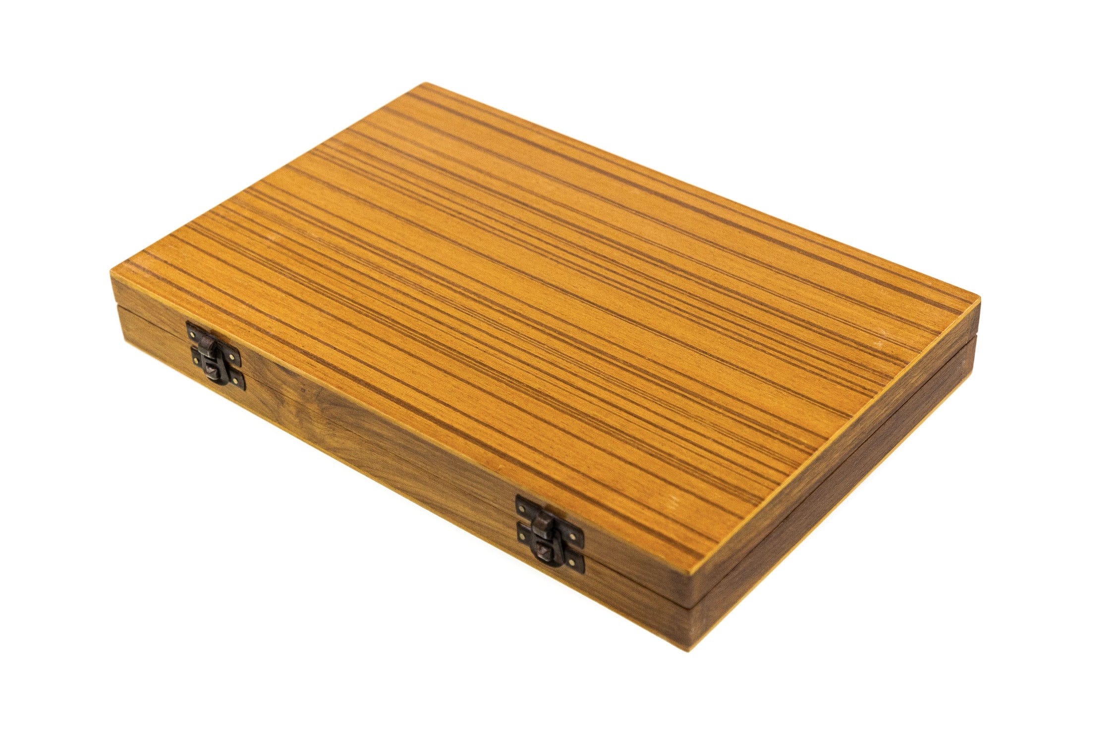Angler Haus deluxe wooden fly tying kit case, slim light-brown striped wood with dark grain and brass latches