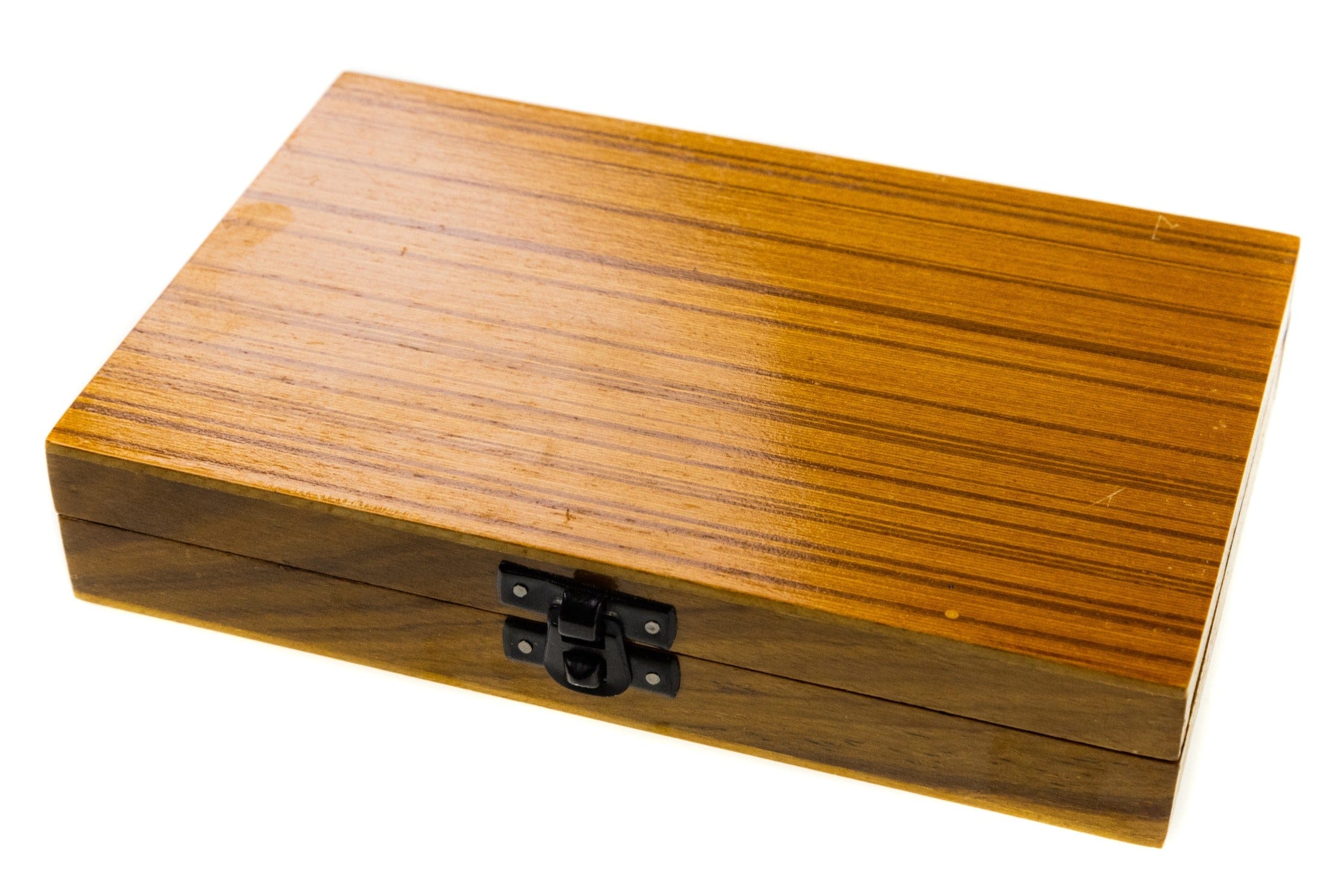 Angler Haus fly tying tool kit: honey-brown striped wood storage box with black metal latch, compact pedestal-style base