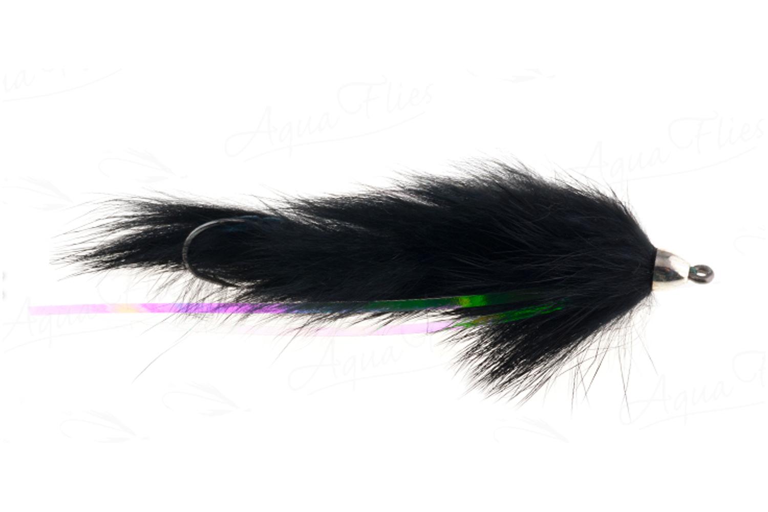 Black Dolly Llama streamer fly with long marabou tail, silver bead head and iridescent tinsel accent for fly fishing.
