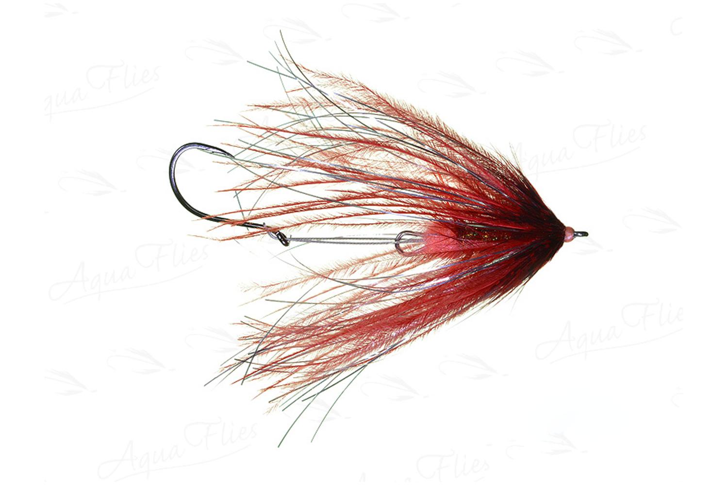 Red and brown marabou fishing fly with iridescent flash fibers, pink beadhead and black hook