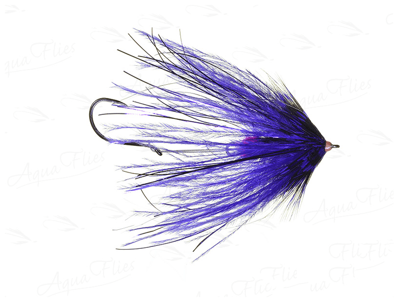 Purple and black marabou streamer fly with flowing feathers and single hook, Aquaflies Fish Taco fly for fly fishing