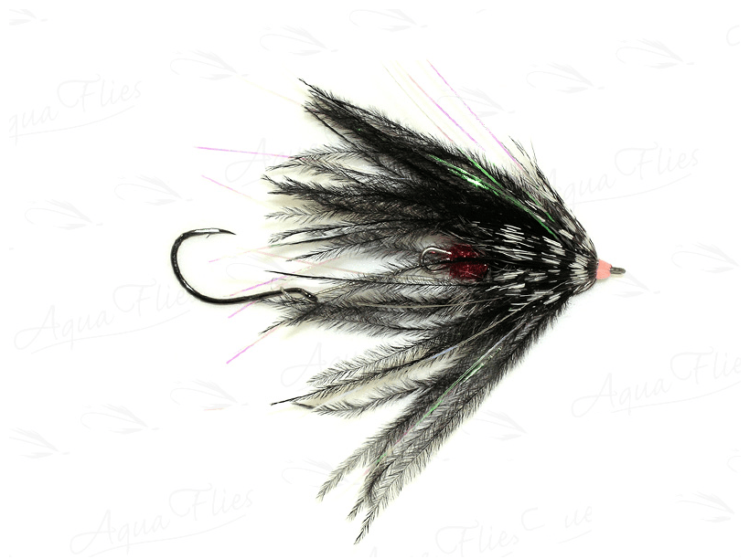 Aquaflies Fish Taco fishing fly, black marabou feather streamer with pink head and green iridescent flash