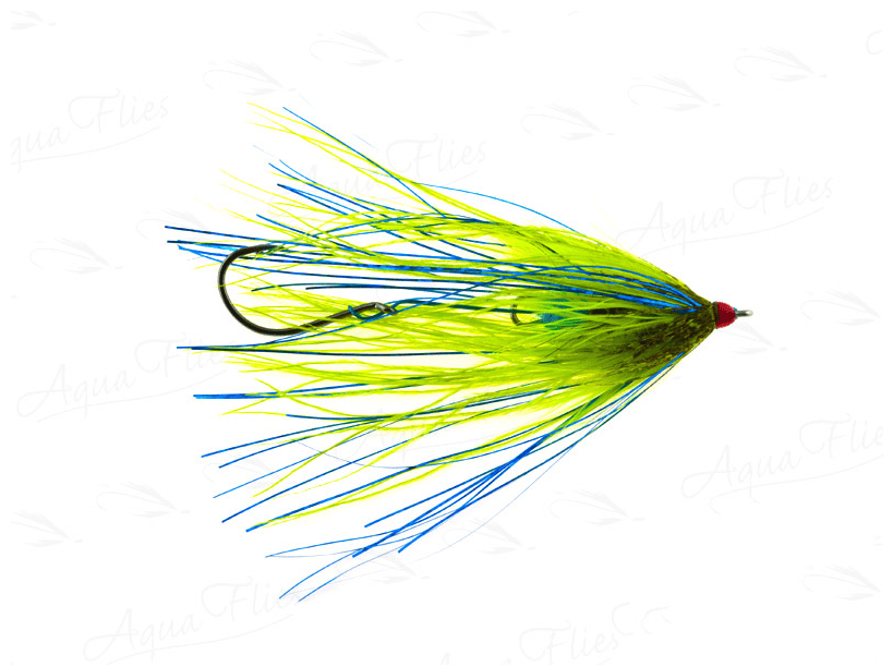 Chartreuse and blue streamer fishing fly with long synthetic fibers, black hook and red thread head, Aquaflies Fish Taco