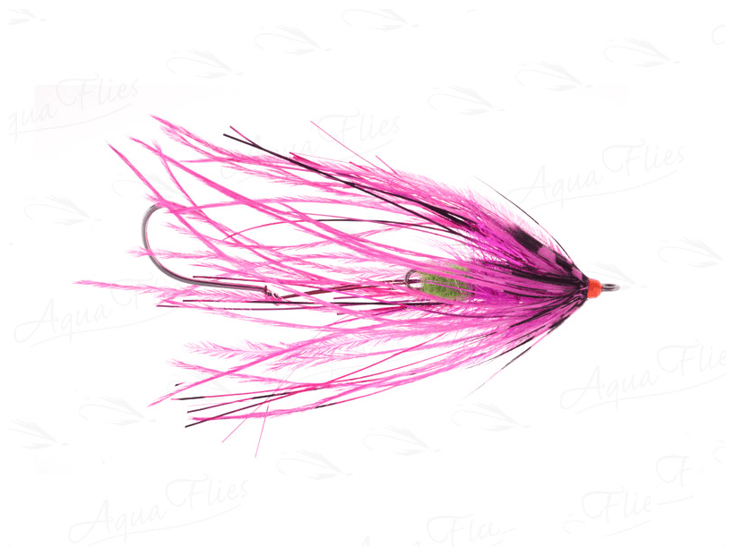 Aquaflies Fish Taco streamer fly in bright pink marabou with black accents, orange bead head, green flash and twin hooks.