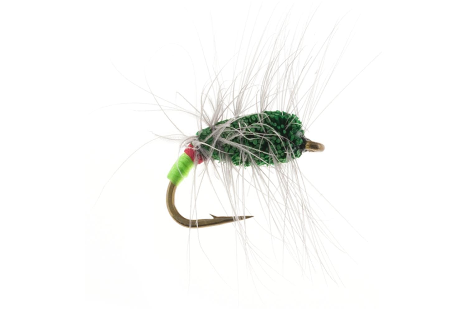 Aquaflies Green Machine fishing fly with textured green foam body, white hackle fibers and neon green thread on bronze hook