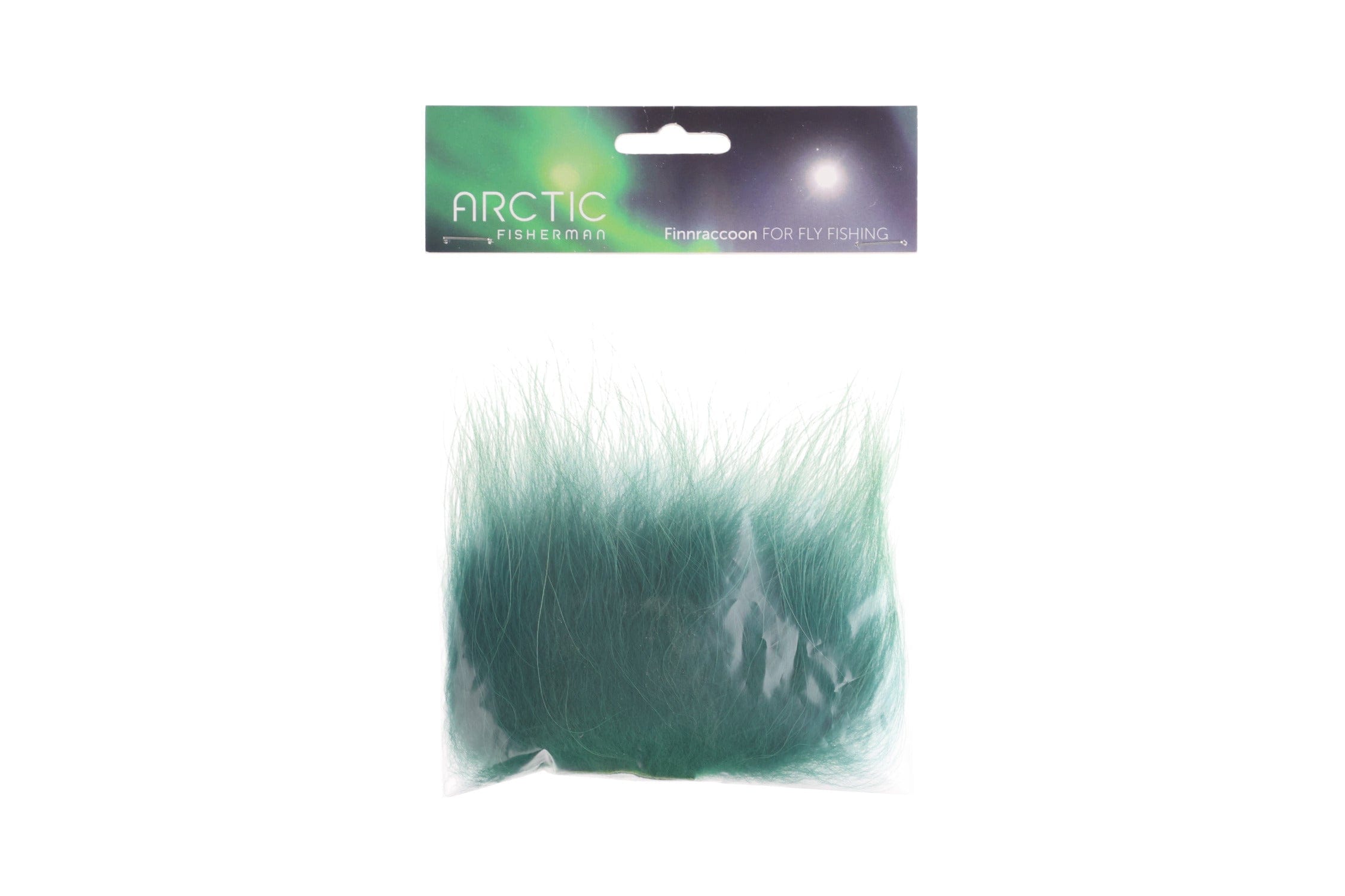 Teal-green Finn raccoon fur patch with long wispy guard hairs in clear bag, fly tying material