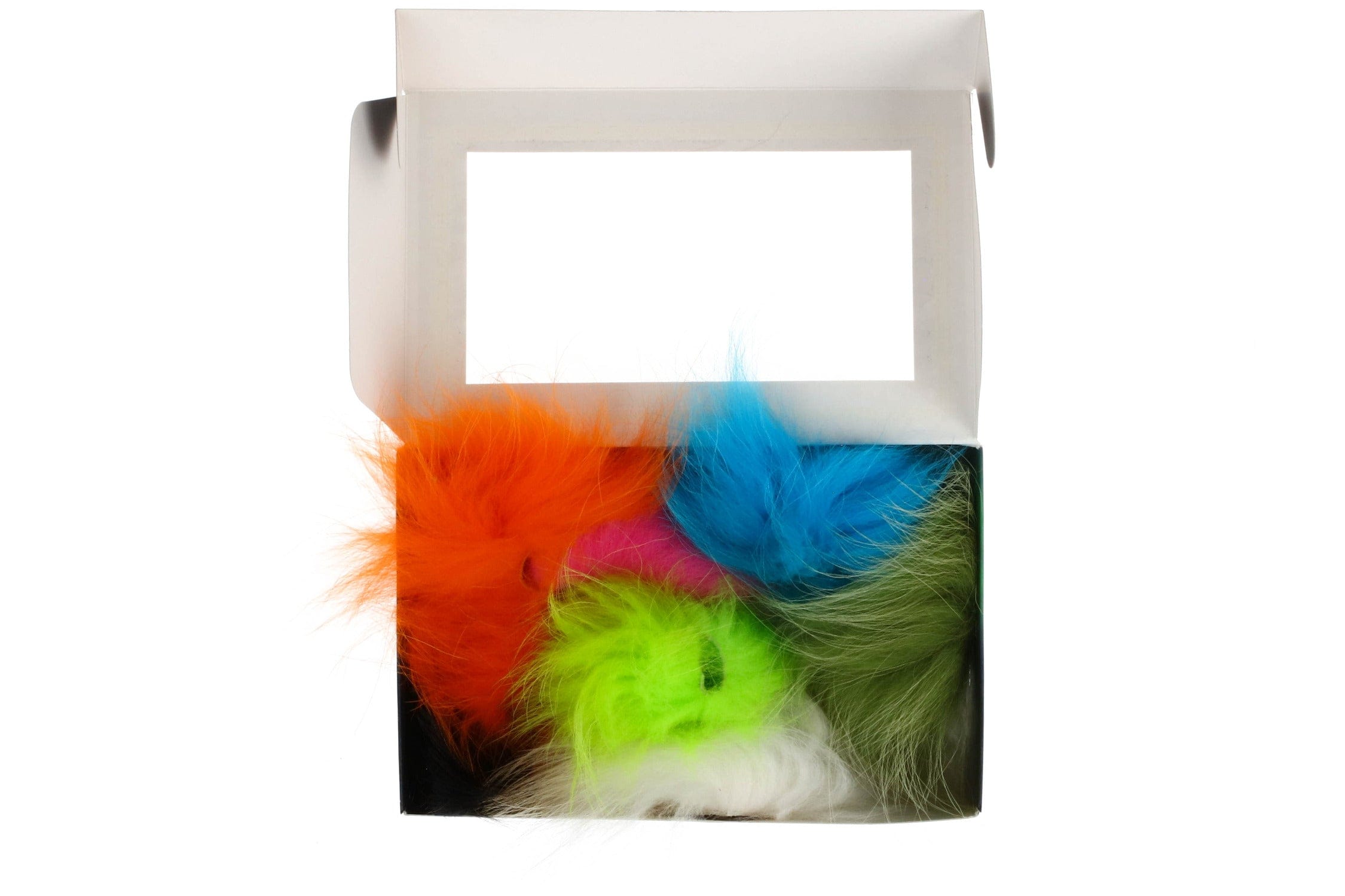 White box with Arctic Fisherman Finn raccoon fur for fly tying, fluffy clumps in orange blue chartreuse olive white