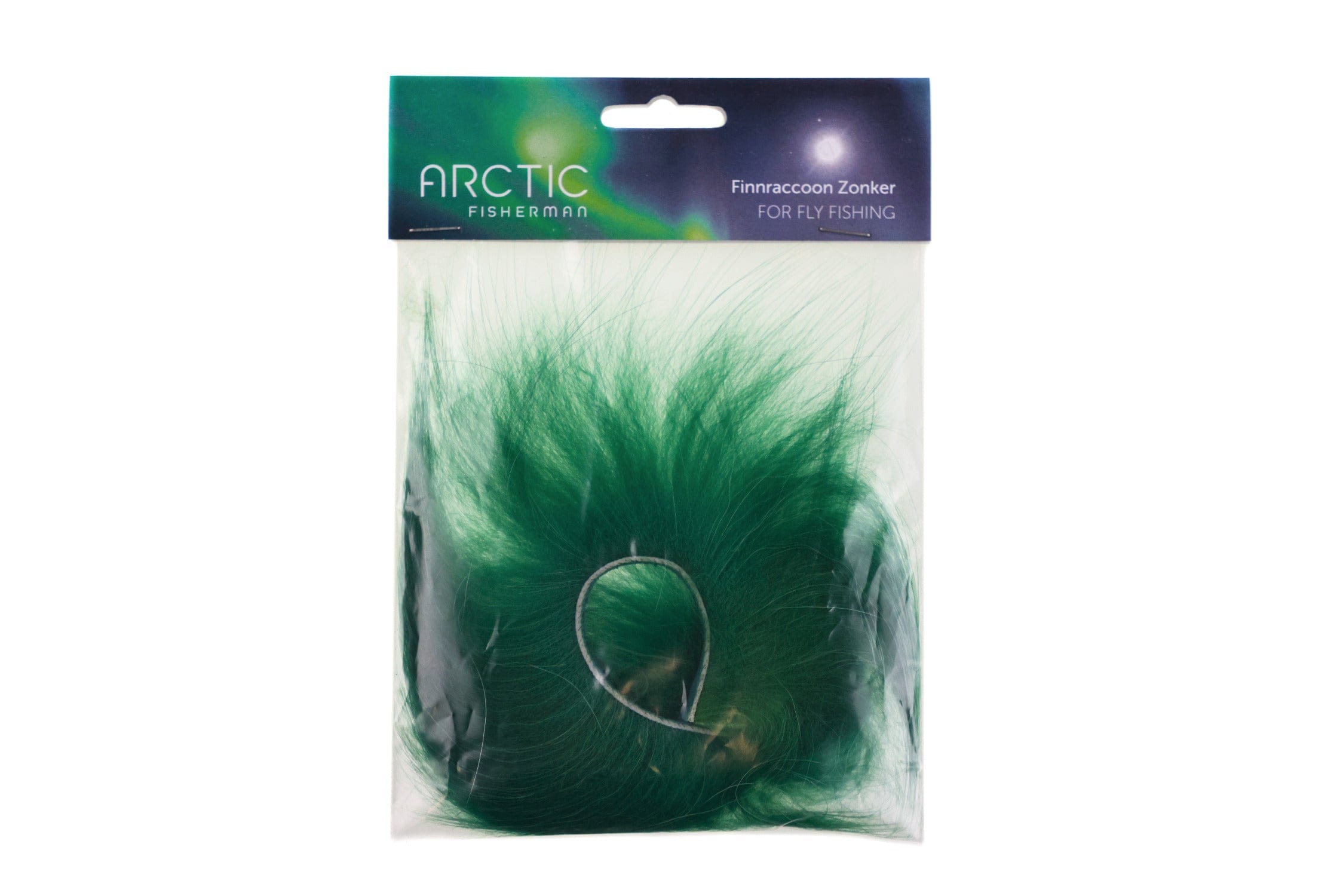 Arctic Fisherman green Finn raccoon zonker strip for fly tying, long soft dyed fur in clear retail packaging