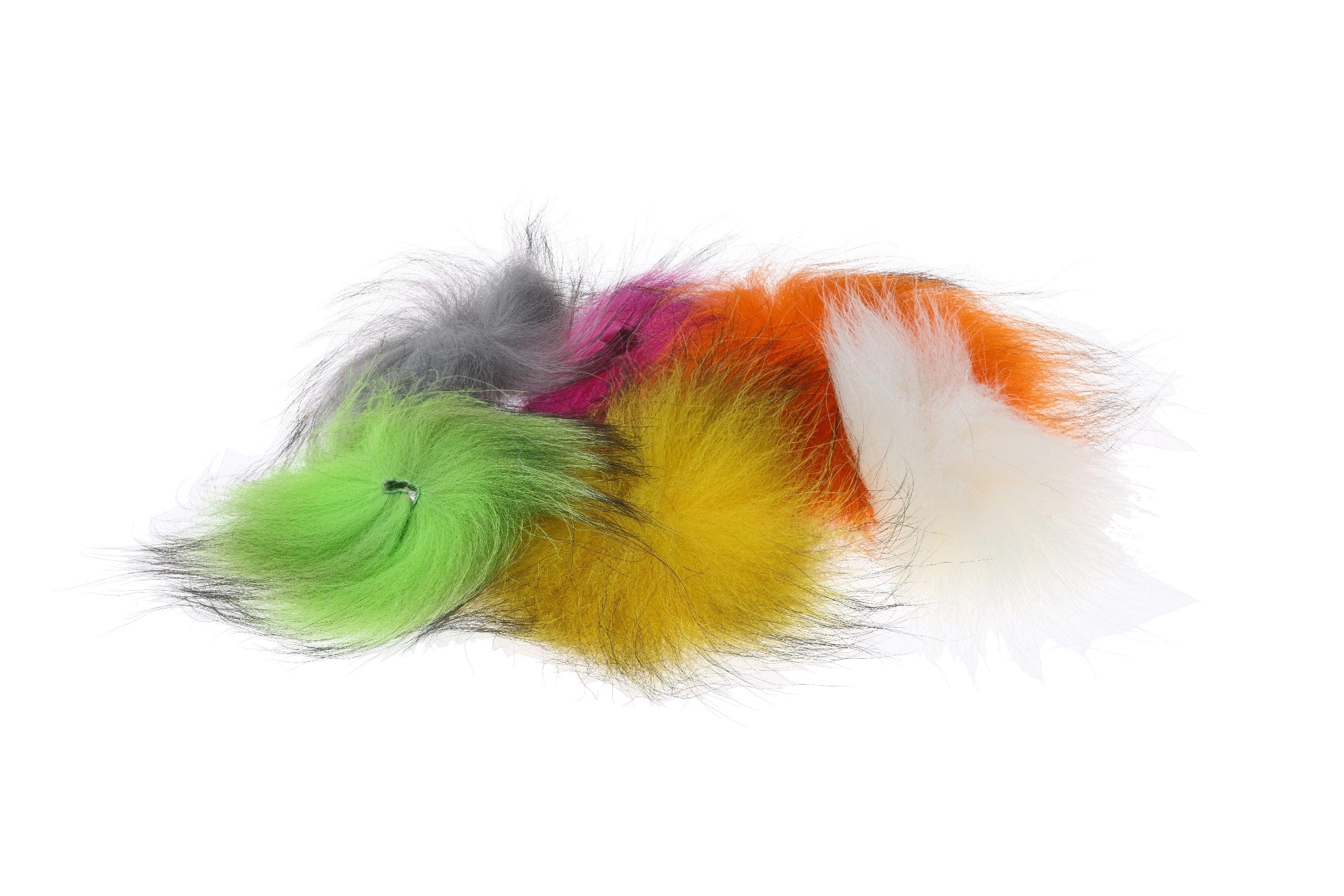 Bright dyed fox hair tufts for fly tying, fluffy long-fiber fur in green, yellow, orange, white, gray