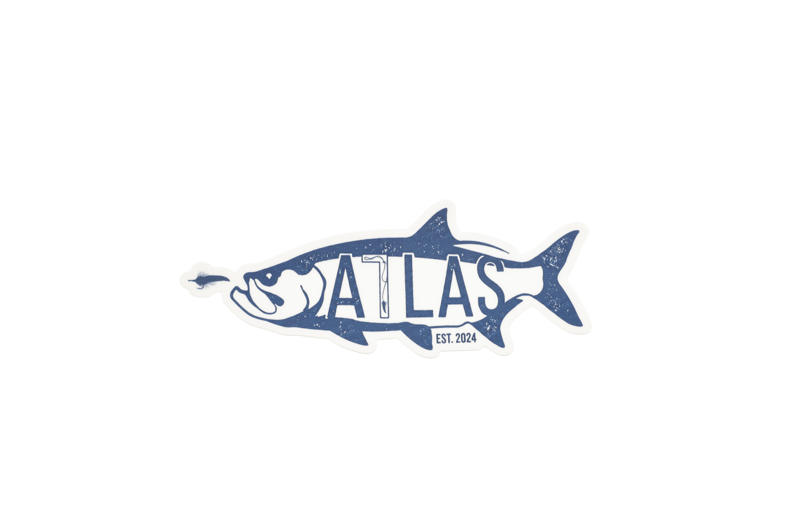 Blue distressed tarpon vinyl sticker with white border and bold ATLAS lettering, nautical accessory EST. 2024