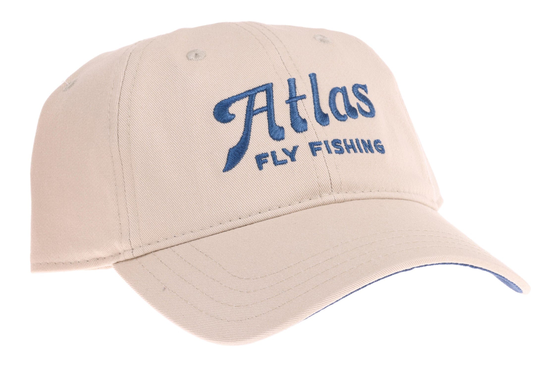 Khaki cotton twill baseball cap with blue embroidered Atlas script and Fly Fishing text, curved brim