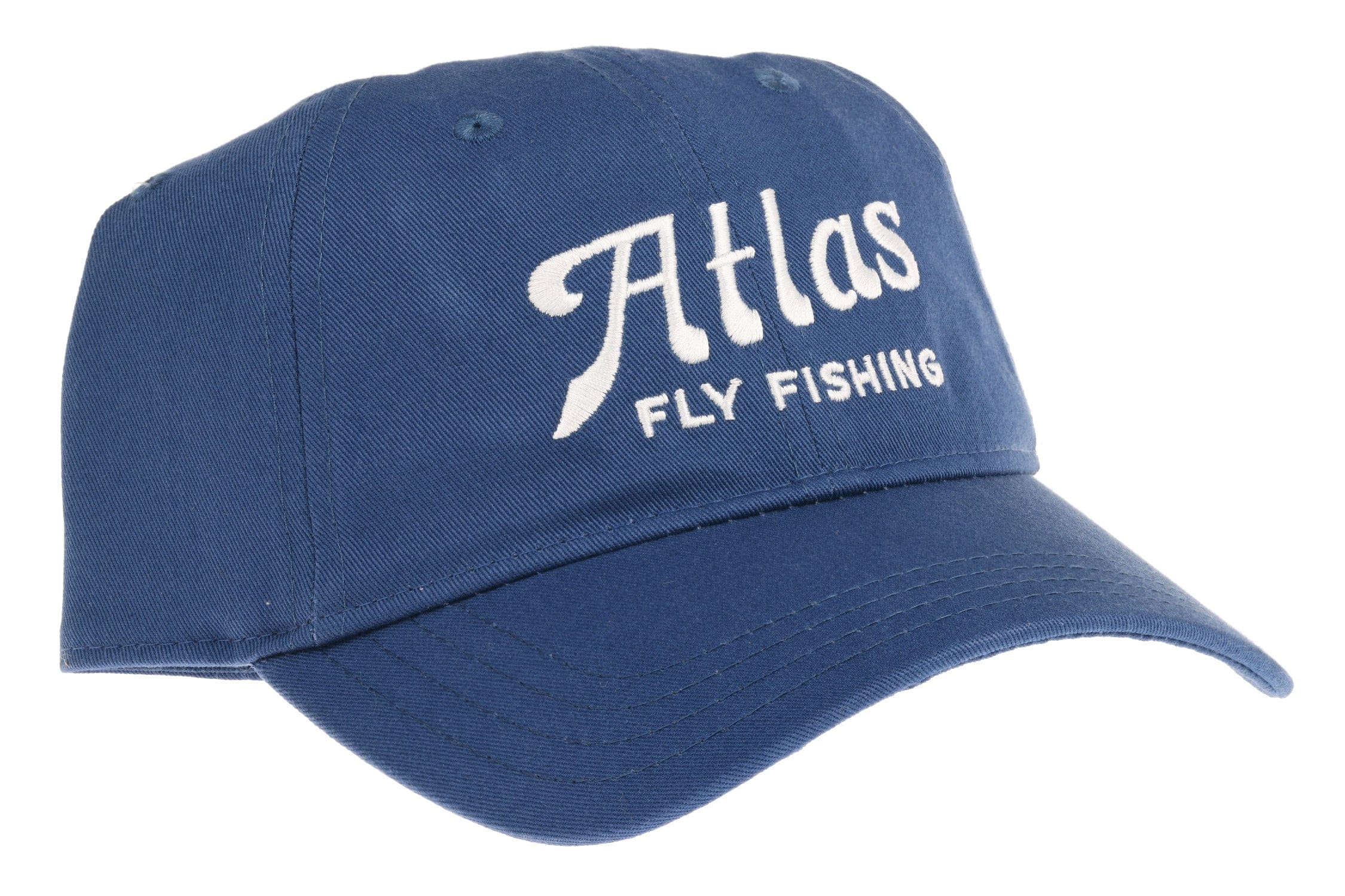 Blue cotton baseball cap with white embroidered Atlas script and Fly Fishing logo, curved brim, structured six-panel style