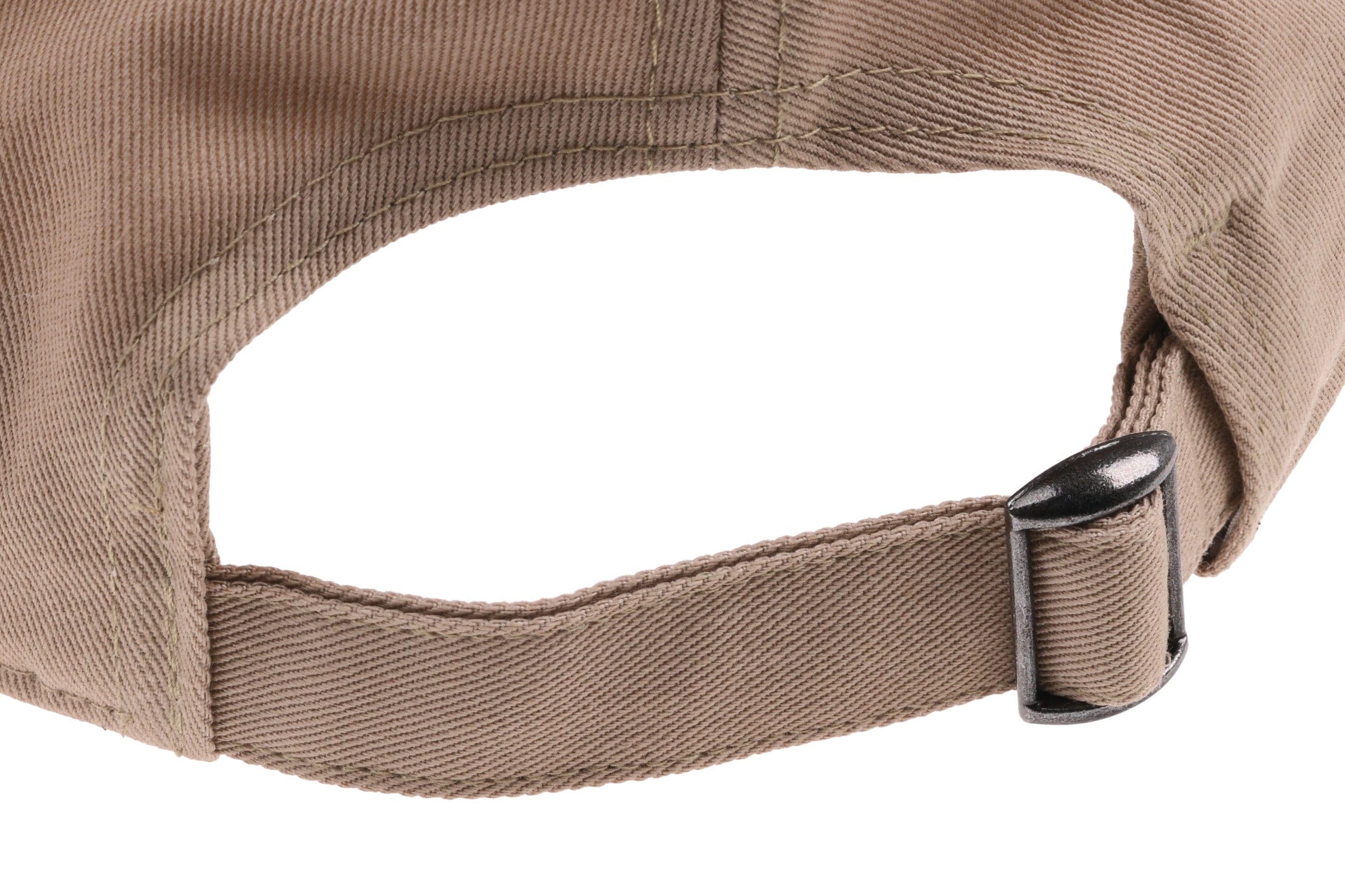 Atlas Script khaki cotton twill baseball cap back with adjustable strap and metal buckle